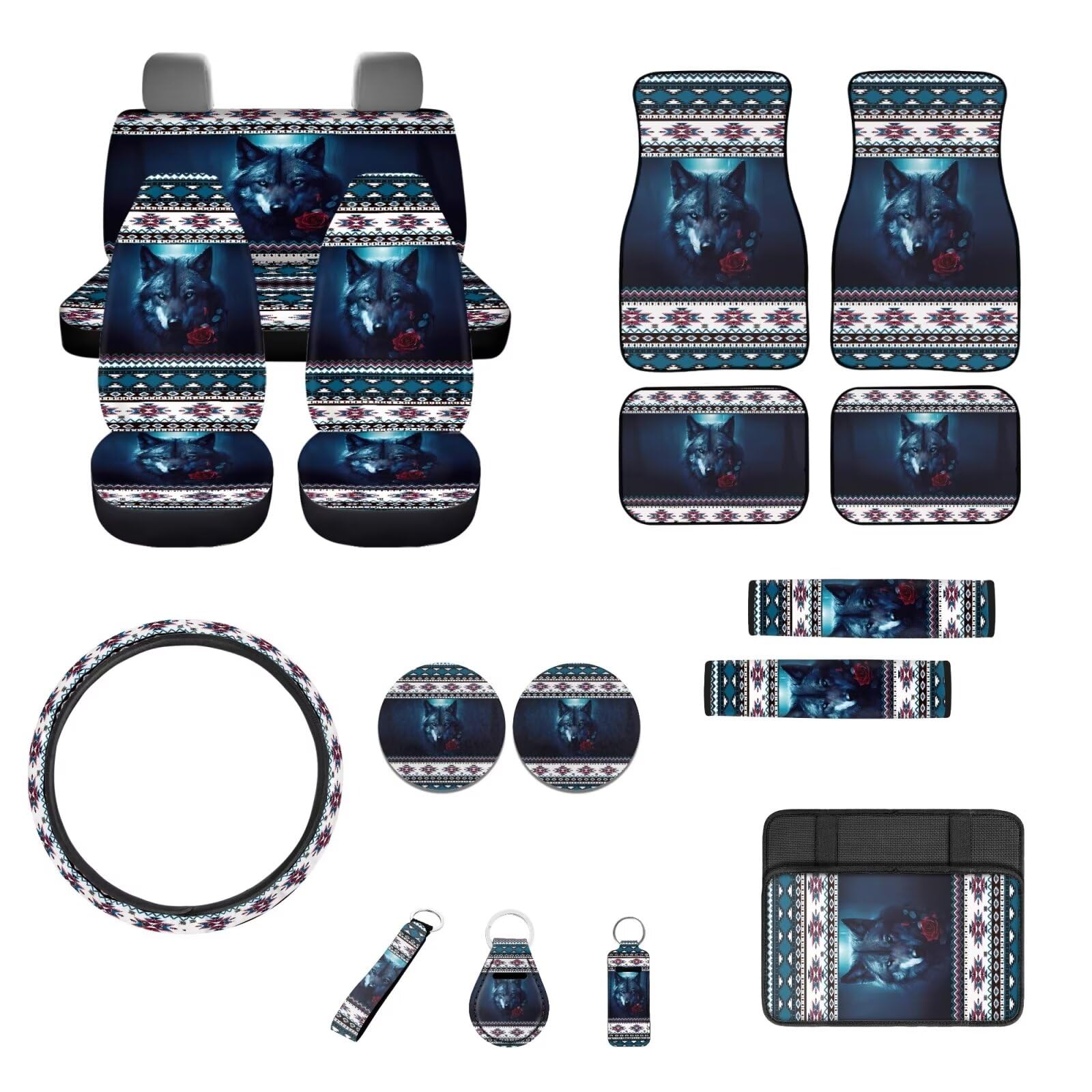 Aztec Wolf Printed Car Seat Cover Set - Easy Installation with Mats, Steering Wheel Cover, Armrest Cover & Seat Belt Covers for Adults - Includes Car Coaster & Key Chain for Lipstick - Perfect for Road Trips, Daily Commutes & Car Interior Protection