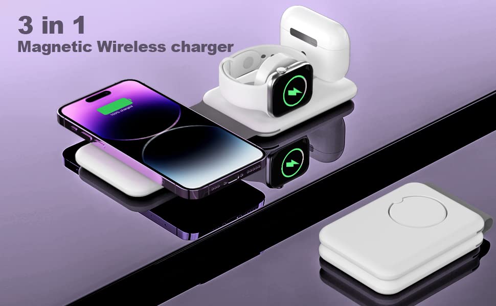 BAMEEY 3-in-1 Foldable Wireless Charging Station for iPhone 16, Apple Watch Ultra (GPS+Cellular 49mm) Series 8/7/6 & AirPods - Includes Travel Pouch Bag | Fast Charging Pad for Home, Office & Travel