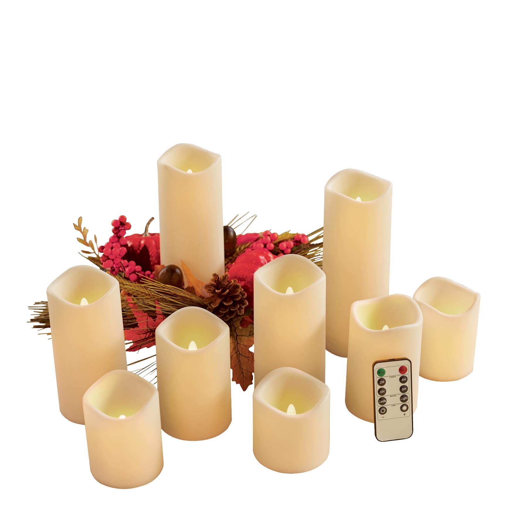 BrylaneHome Remote-Controlled LED Candles - Set of 9 Flameless Pillar Candles with Timer, Ivory & Multicolor for Home Decor - Perfect for Christmas, Weddings, and Romantic Dinner Ambiance