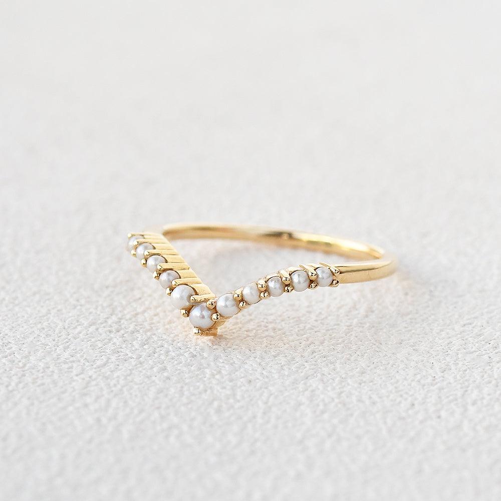 Natural Pearl Curved Wedding Band Ring - Elegant 14K Gold Bridal Jewelry for Women - Perfect for Engagement, Anniversary & Romantic Occasions