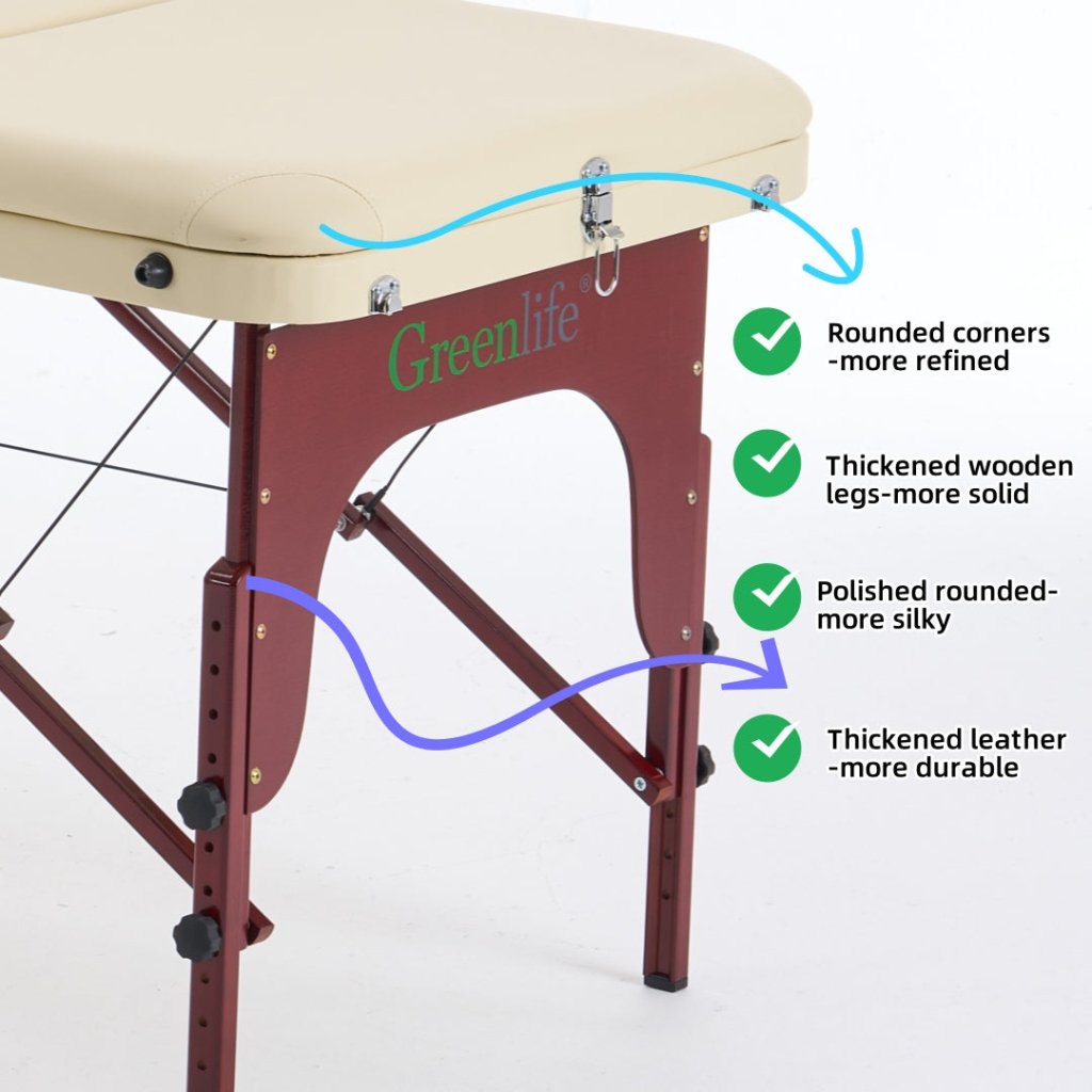 4-Section Thick Wooden Portable Massage Table by Greenlife® - Cream/Black (MTW131) | Professional Massage Therapy, Spa, Home Use & Physical Therapy