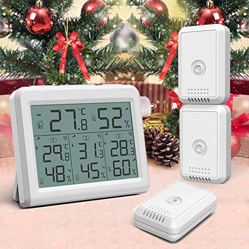 KeeKit Wireless Digital Hygrometer Thermometer with 3 Sensors - Indoor Outdoor Temperature Humidity Monitor with LCD Backlight, Min/Max Records - Perfect for Home, Office, Restaurant, Bar, Cafe, Greenhouse & Wine Cellar