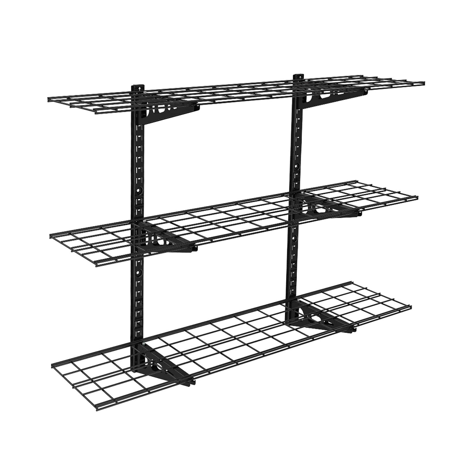 FLEXIMOUNTS 3-Tier Garage Shelves - 12x48 Inch Wall Mounted Storage Rack, Adjustable Floating Shelves for Garage Organization (Black) - Perfect for Storing Tools, Sports Gear & Home Supplies