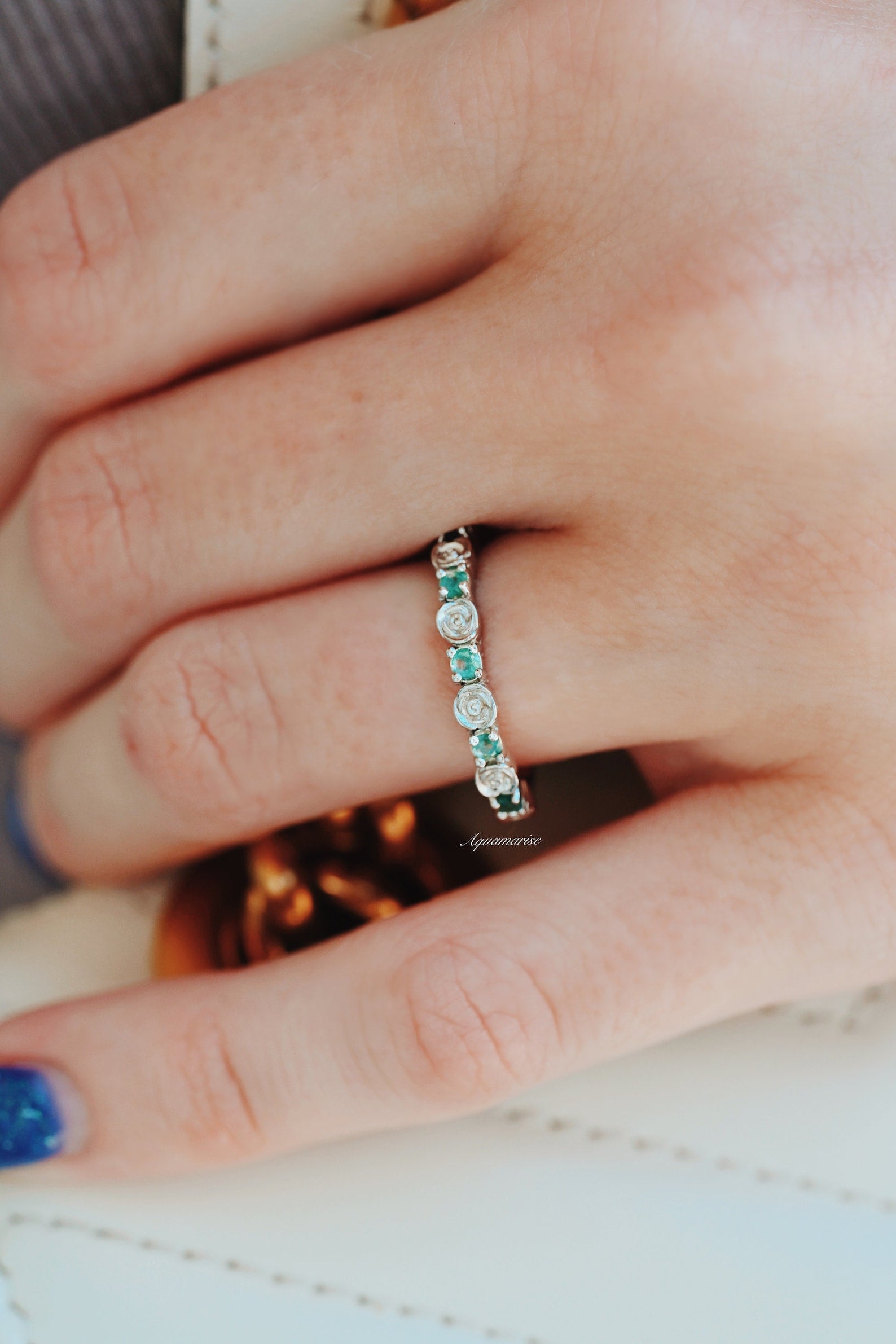 Natural Green Moss Agate Rose Wedding Band Ring - Sterling Silver 925 for Women - Elegant Bridal Jewelry, Anniversary Gift, Boho Engagement Ring for Outdoor & Beach Weddings