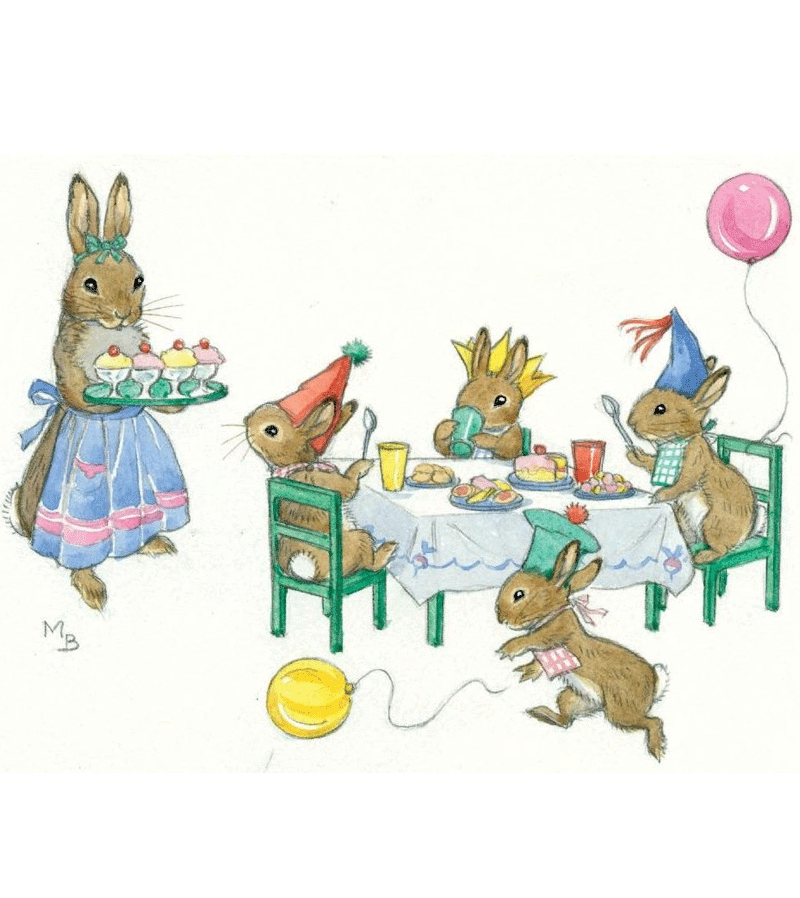 Vintage Rabbit Tea Party Greeting Card by Molly Brett - Perfect for Birthday, Baby Shower & Easter Celebrations