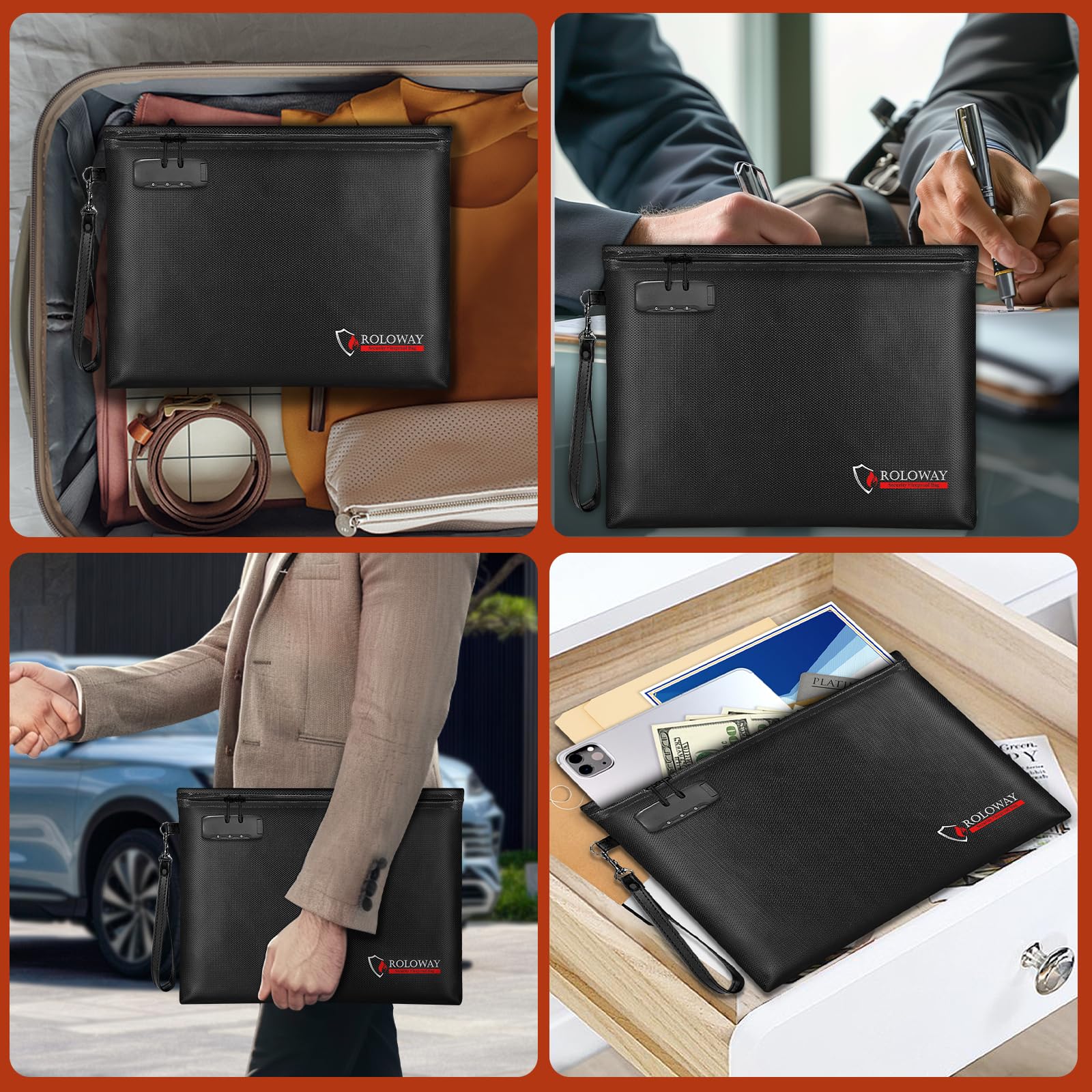ROLOWAY Fireproof Document Bag 14.5 x 11.5 Inch - 6400℉ Fireproof Money Pouch with Zipper & Lock - Waterproof & Smell Proof Cash Bag for Bankers, Travel & Home Security - Black Fire Safe Storage Solution for Important Documents, Passports & Valuables