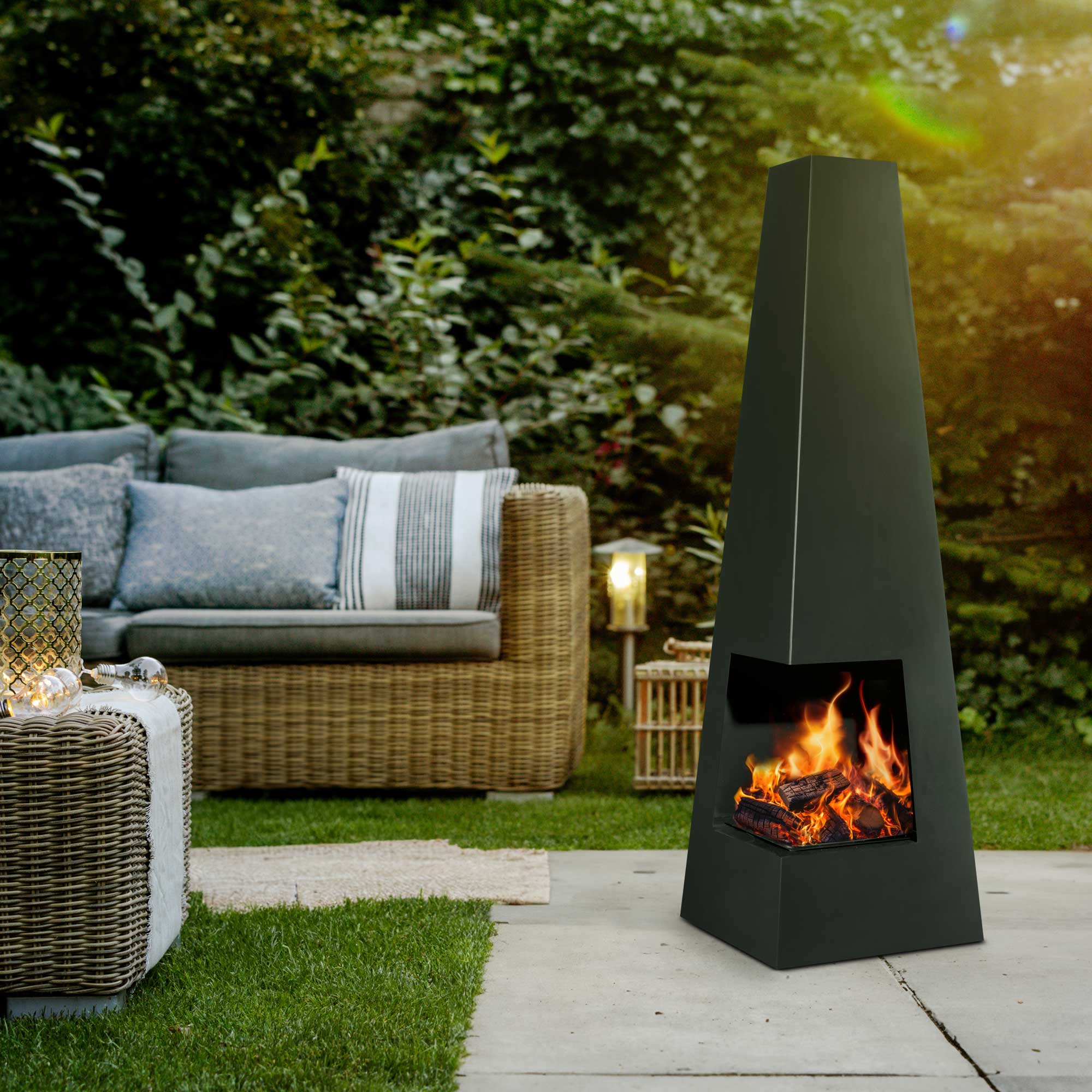 Black Steel Pyramid Chiminea - Outdoor Wood Burning Fire Pit Heater for Garden, Patio, and Backyard | Perfect for Camping, BBQ Parties & Cool Evenings