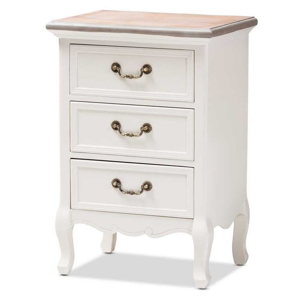 BOWERY HILL Two Tone Whitewashed Oak and White 3-Drawer Nightstand - Modern Bedside Table for Bedroom, Living Room & Guest Room - Perfect for Storage and Stylish Home Decor