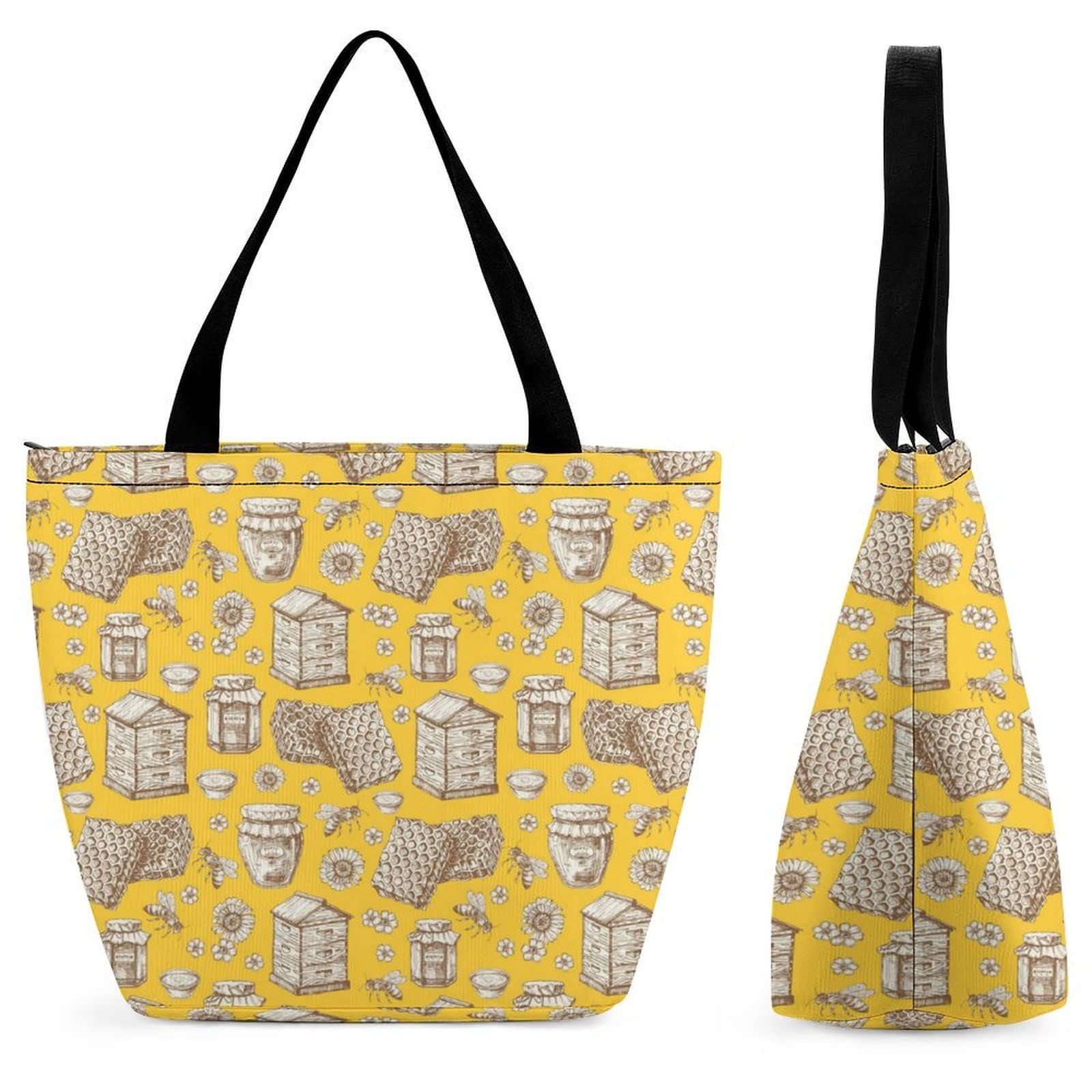 Stylish Large Bee Tote Bag for Women - Zippered Shoulder Handbag Perfect for Beach, Shopping, Groceries, Travel & Gym | Durable Multipurpose Carryall Bag for Everyday Use