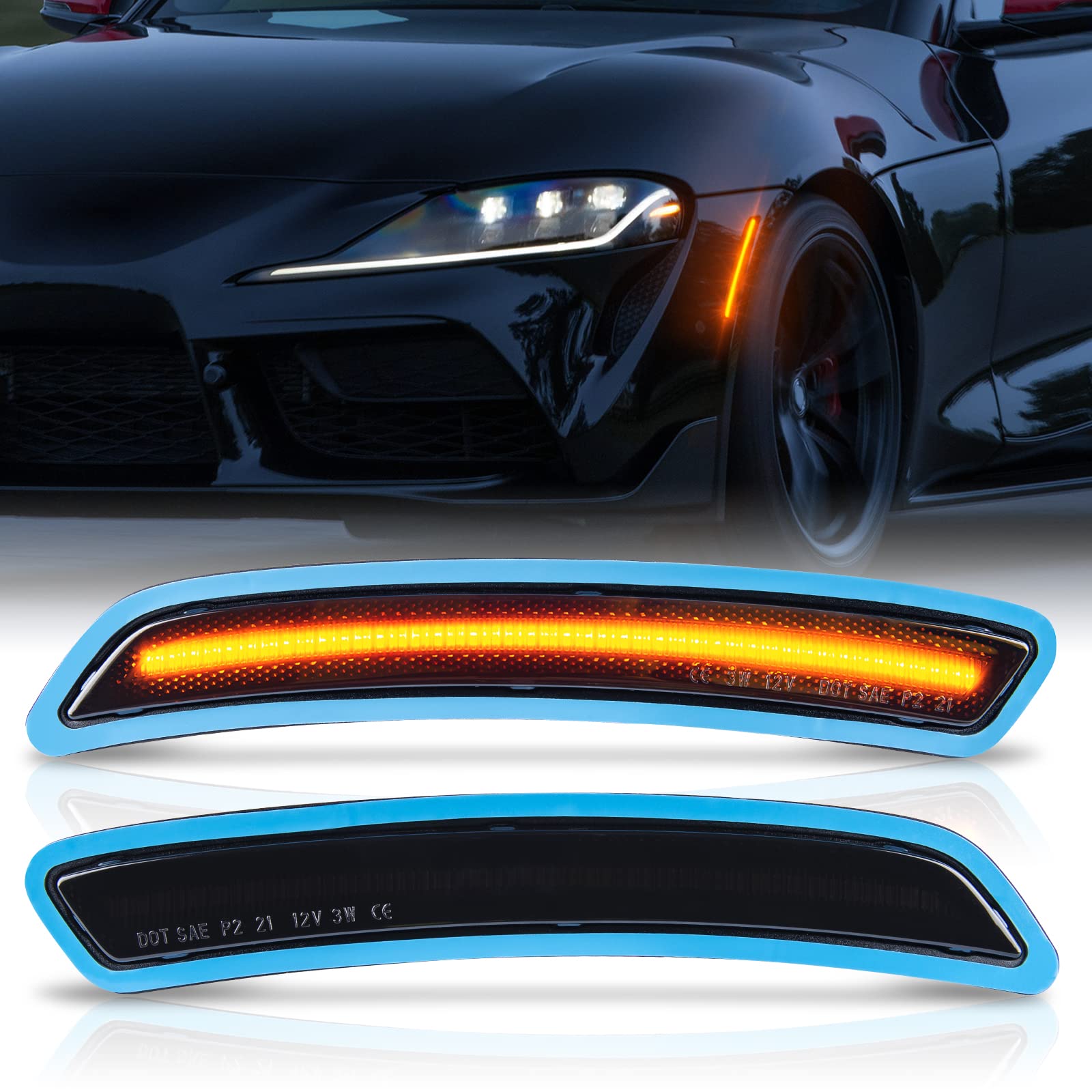 POPMOTORZ 72 SMD LED Front Fender Side Marker Lights - Amber Smoke Lens Replacement for Toyota Supra 2020 2021 Models - 2 Pack Daytime Running Lights & Parking Lamps - Perfect for Night Driving and Car Customization