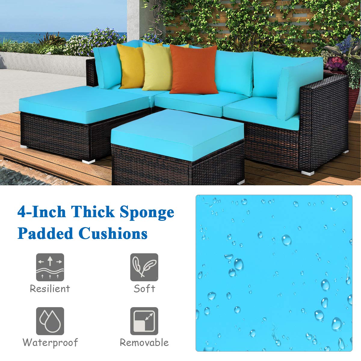 COSTWAY 5-Piece Outdoor Patio Furniture Set - PE Rattan Sectional Sofa with Cushions & 2 Ottomans, Waterproof Garden Conversation Set for Backyard, Deck, Poolside (Turquoise Blue) | Perfect for Outdoor Relaxation & Entertaining