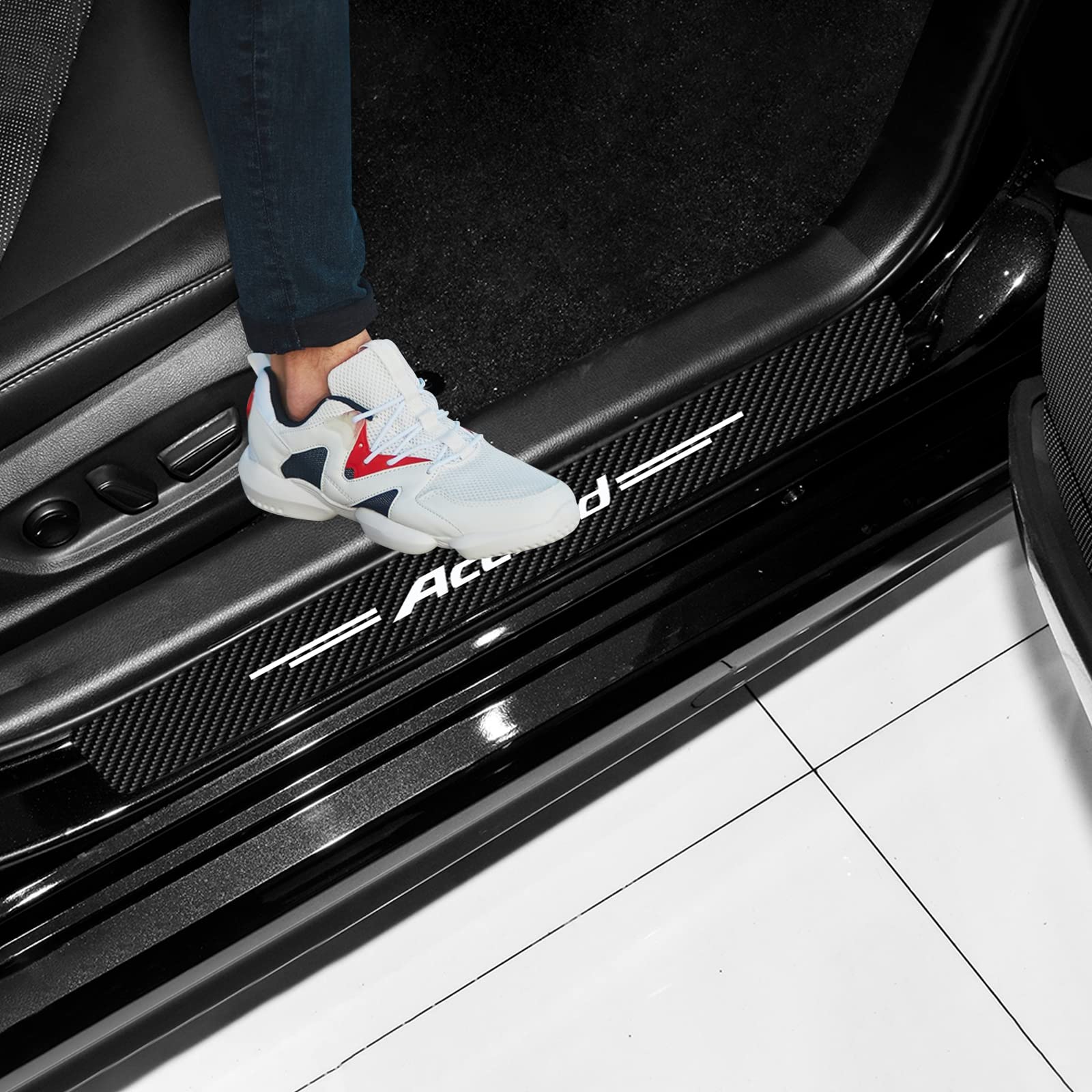 4PCS Carbon Fiber Car Door Sill Protectors for Honda Accord - Scratch-Resistant Leather Sticker, Entry Guard Threshold & Scuff Plate Accessories (White) | Perfect for Daily Commuting, Road Trips & Car Show Protection