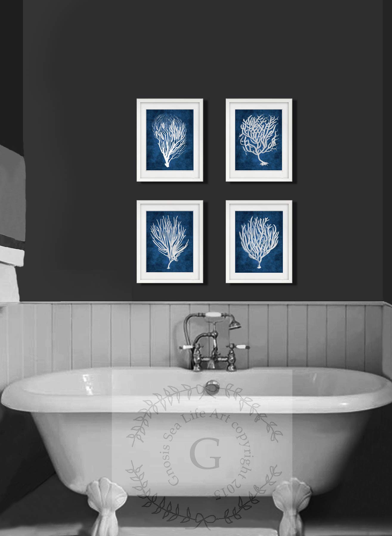 Gnosis Picture Archive Navy Blue Beach Sea Corals & Sea Fan Wall Art - Set of 4 Unframed Ocean Prints for Coastal Decor, Living Room, Bedroom, or Office