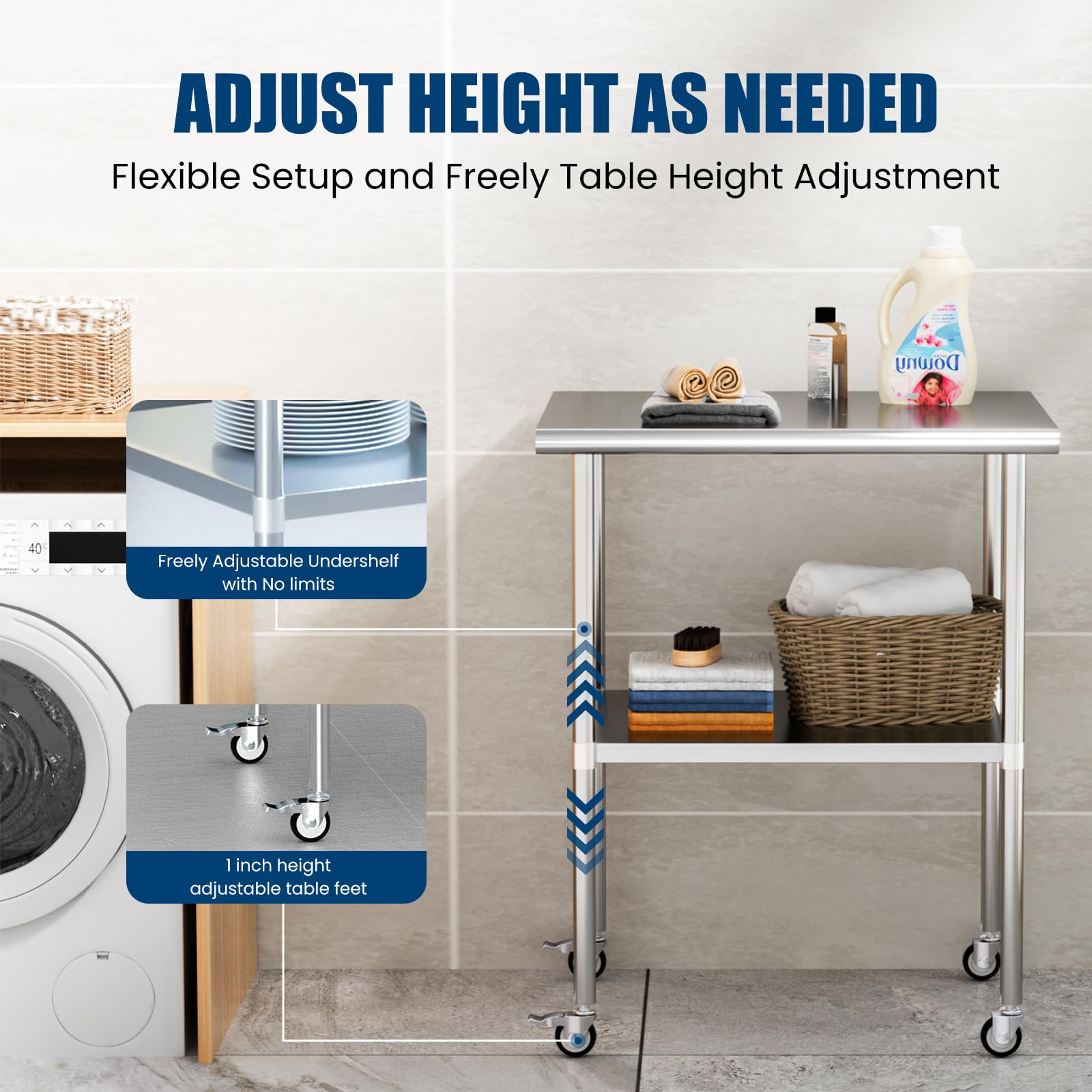 Stainless Steel Rolling Work Table 14x30 Inches - Adjustable Undershelf & Locking Casters - Heavy Duty Metal Prep Table for Commercial Kitchen, Restaurant, Outdoor BBQ, Food Truck & Home Garage Use