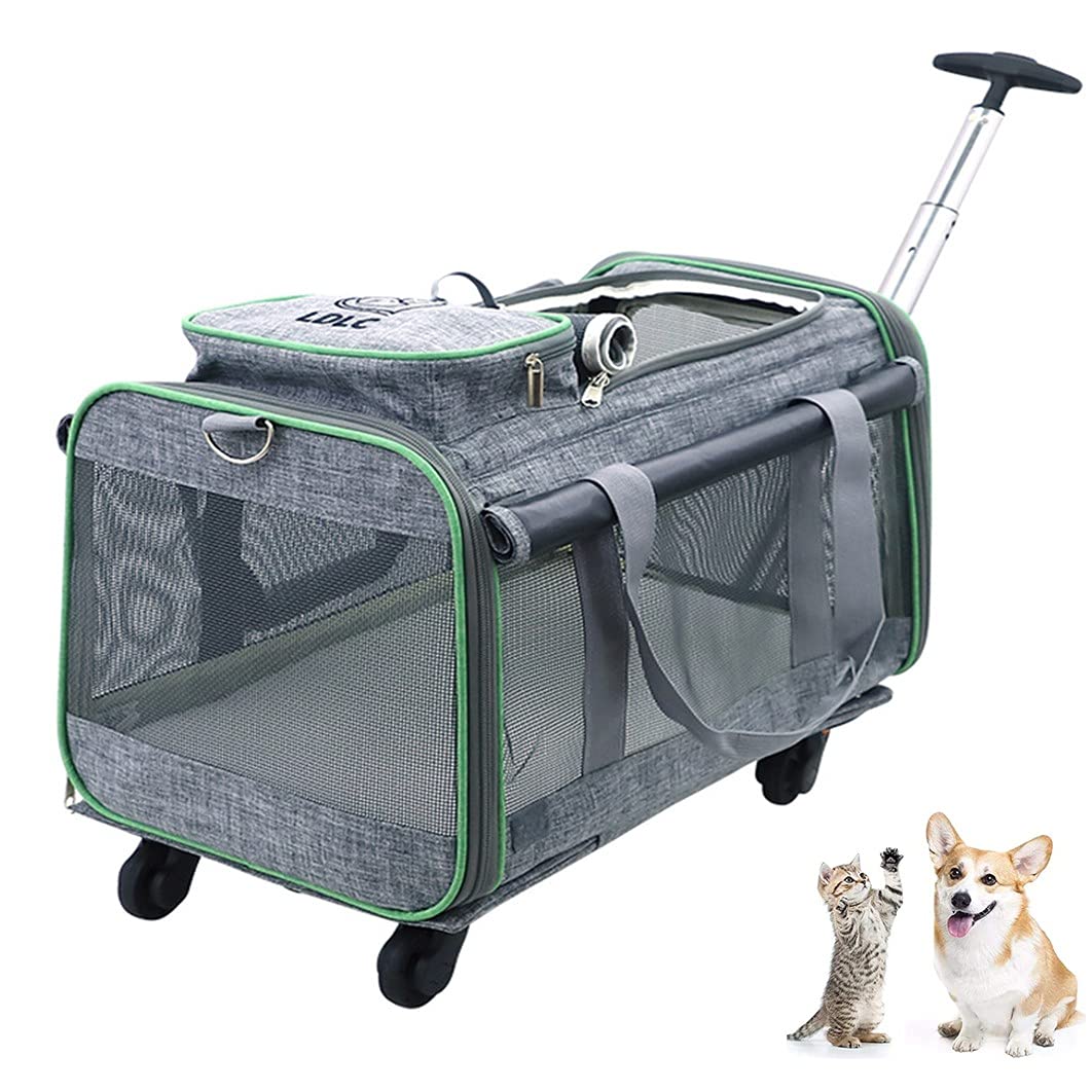 Airline Approved Pet Travel Carrier with Wheels - Foldable, Extra Spacious Soft-Sided Dog & Cat Carrier with Telescopic Walking Handle (Gray) | Perfect for Air Travel, Road Trips & Vet Visits