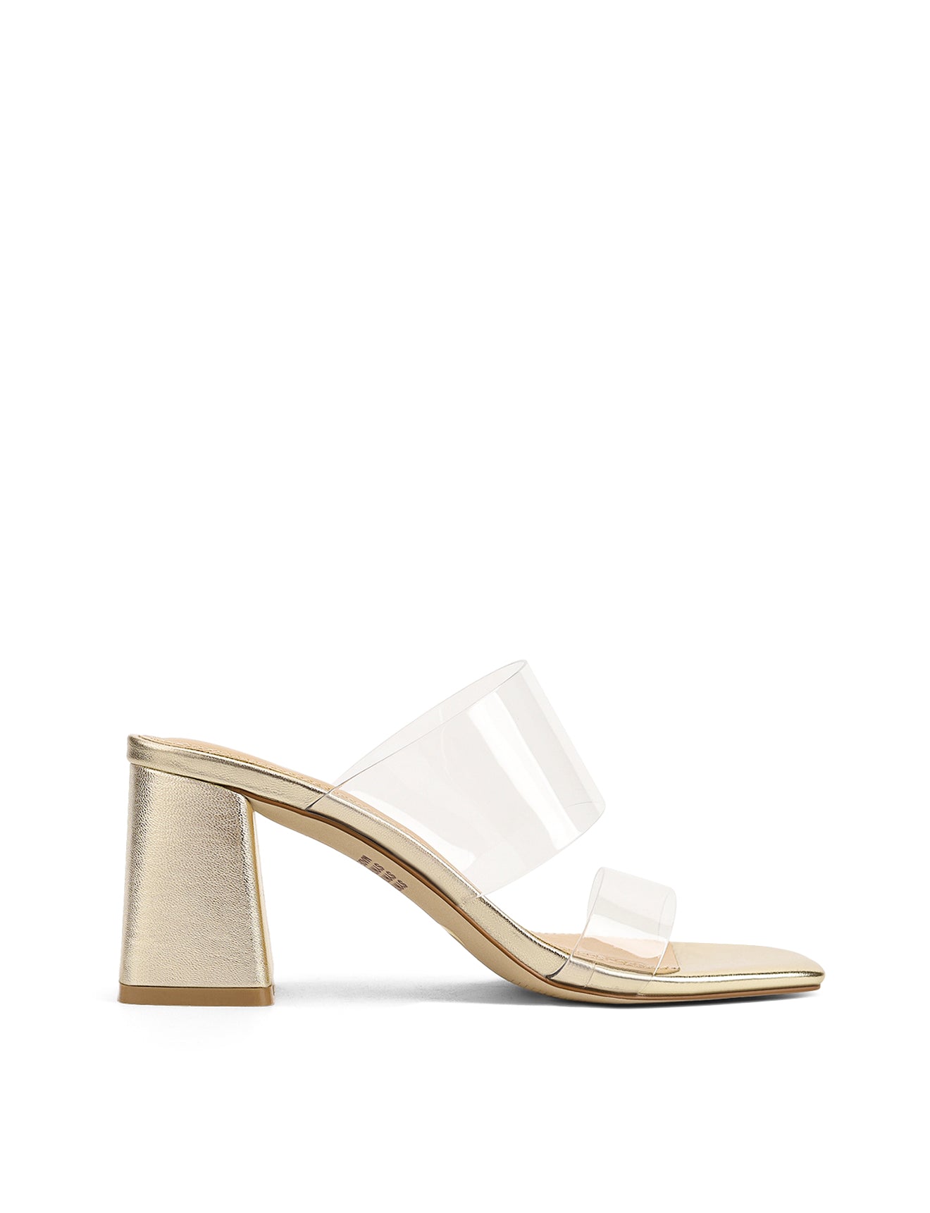 Stylish Strife Block Heel Mules in Gold Metallic Leather & Vinylite - Perfect for Office, Parties & Evening Events