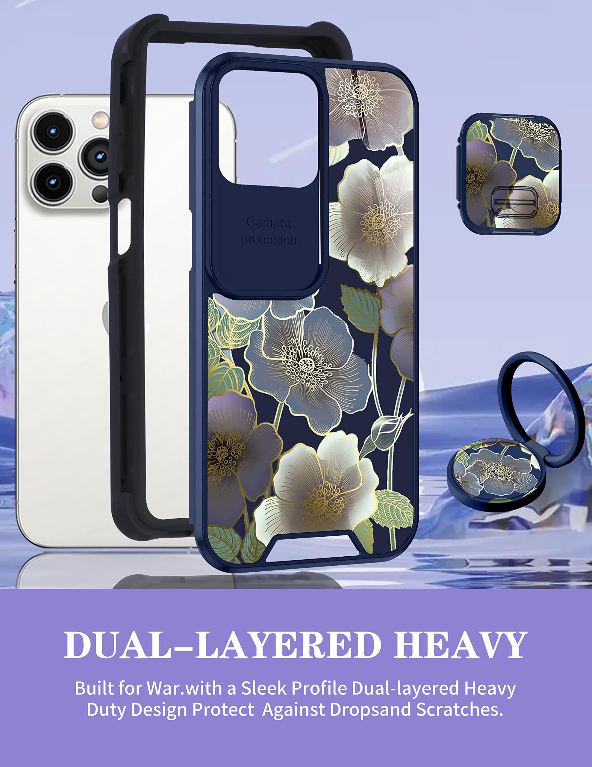Goocrux 2in1 iPhone 13 Pro Case with Slide Camera Cover & Ring Holder - Floral Flower Design for Women, Girls | Cute Girly Phone Cover | Fashion Pattern Unique Protection for iPhone 13 Pro 6.1