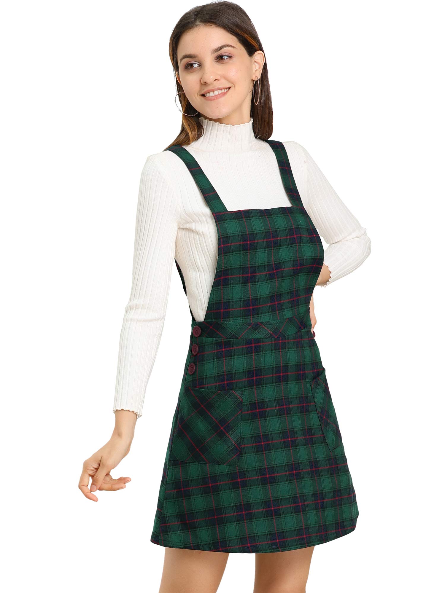 Allegra K Women's Plaid Tartan Button Decor A-Line Pinafore Jumper Dress - Stylish Casual Outfit for Fall, Winter, and Holiday Season