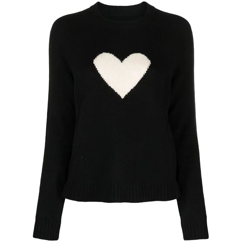 Women's Black Slim Fit Cashmere Sweater - Long Sleeve Love Pattern Knit Pullover | Soft & Warm Winter Fashion | Perfect for Office, Date Night & Holiday Outfits