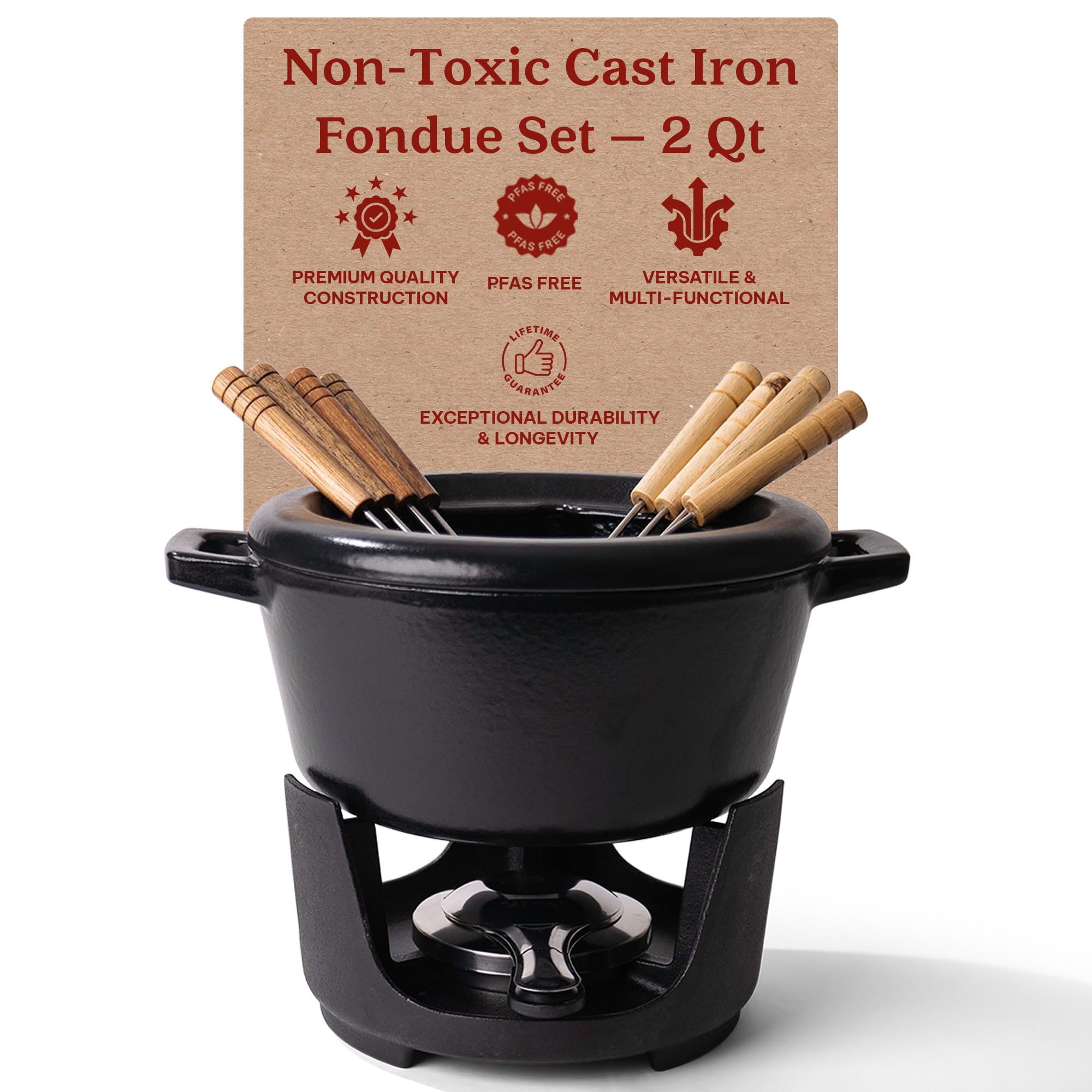 Alva Nori 2 Qt Enameled Cast Iron Fondue Set with 8 Wooden Forks & Adjustable Burner - Non-Toxic Cheese, Chocolate, and S'mores Fondue Pot - PFOA-Free, Easy Clean Melting Pot for Parties, Date Nights, and Family Gatherings