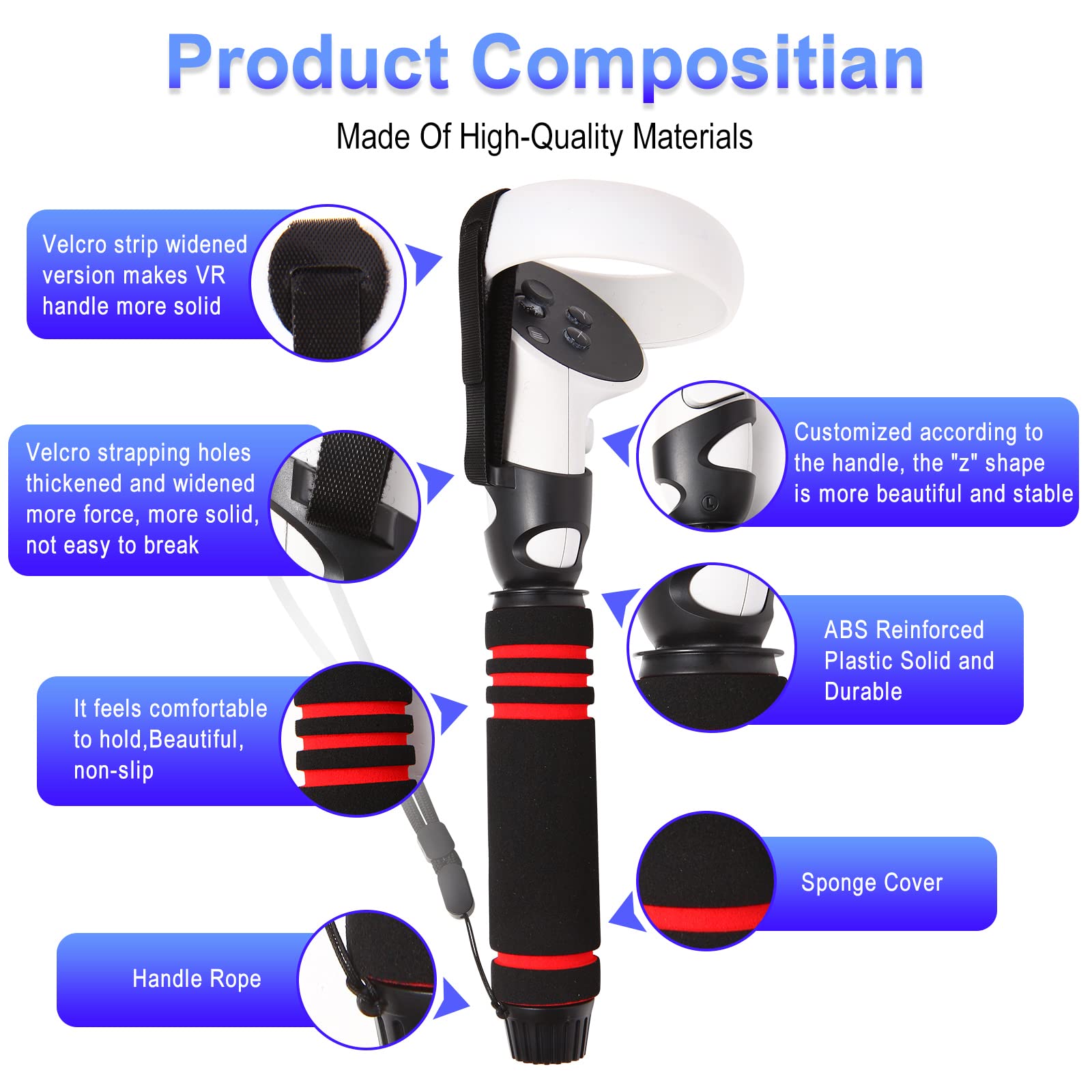 Upgraded VR Game Handle Attachments for Oculus/Meta Quest 2 - 2-in-1 Multipurpose Dual/Long Stick Controller Grips - Perfect for Beat Saber, Fitness Games & Immersive VR Experiences
