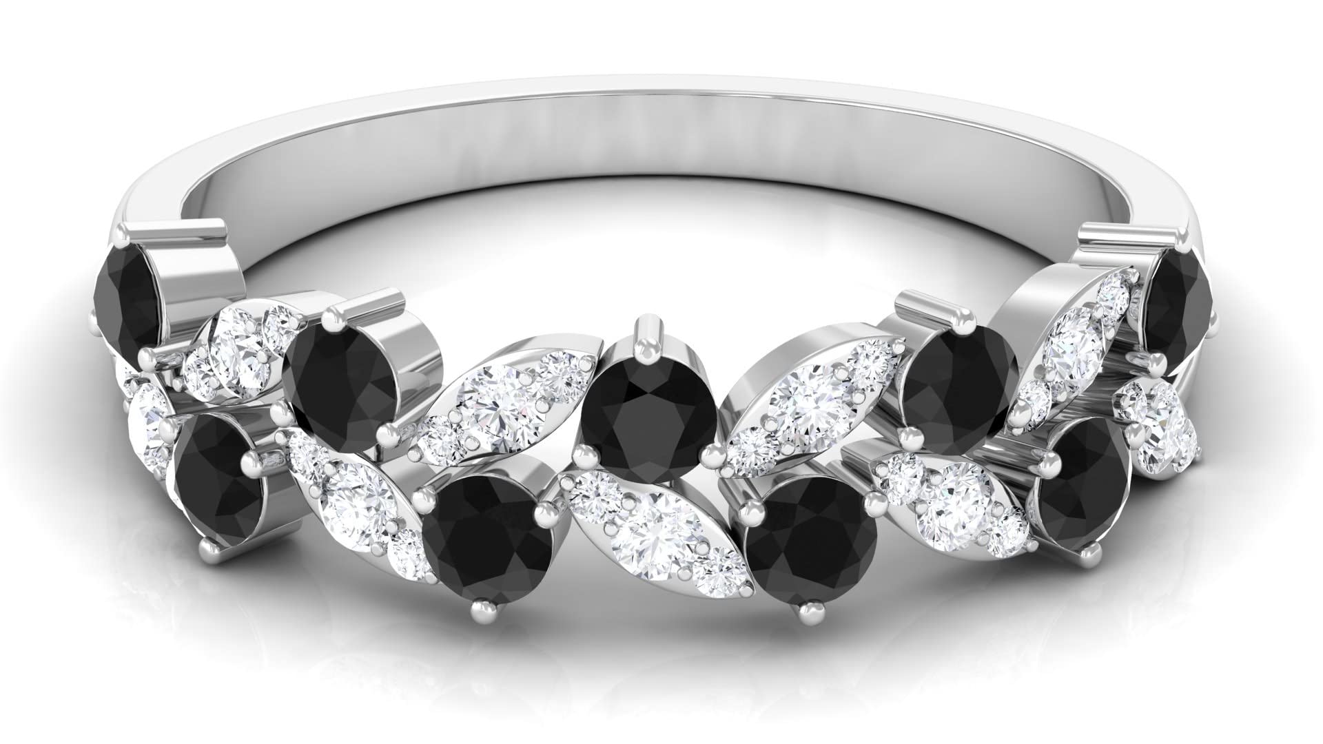 3/4 CT Black Onyx and Diamond Half Eternity Ring - 14K Solid Gold Leaf Design Wedding Band for Women - Perfect for Anniversary, Engagement, and Special Occasion Gifts