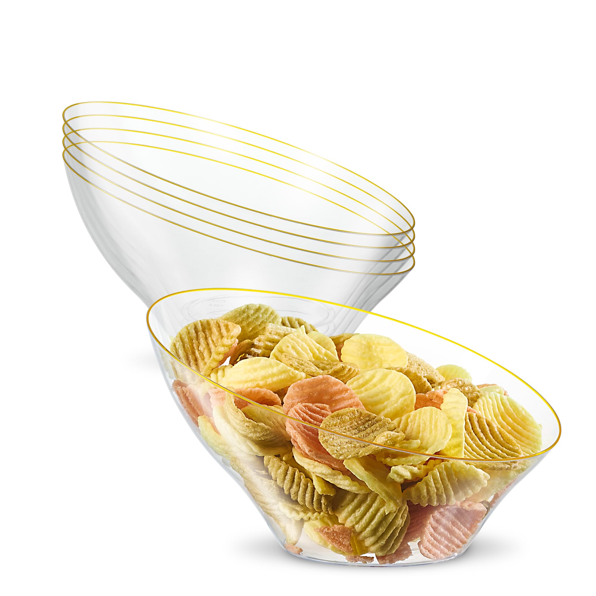 PLASTICPRO 4-Pack Clear Disposable Plastic Bowls with Gold Rim - Angled Design for Parties, Appetizers & Salads | Perfect for Catering, Picnics & Home Entertaining