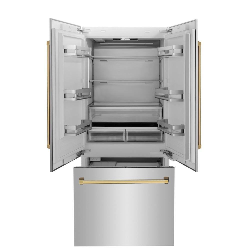 ZLINE Autograph Edition 36 Inch French Door Built-In Refrigerator with Bottom Freezer - 19.6 cu.ft Stainless Steel with Gold Accents - Water Dispenser & Ice Maker - Perfect for Modern Kitchens & Luxury Homes