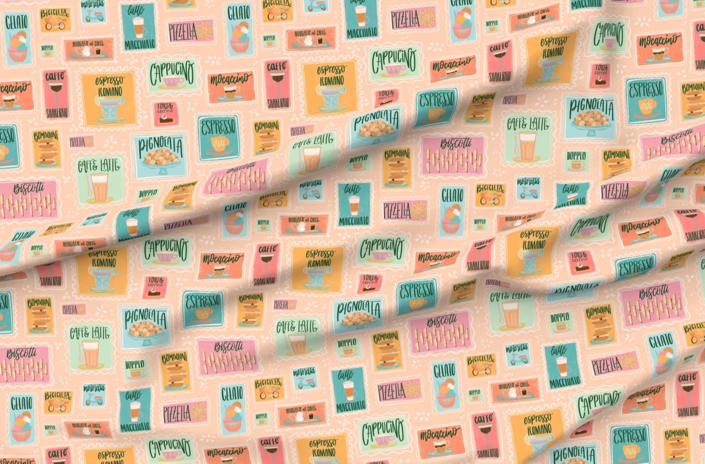 Italian Pastel Cafe Mod Retro Coffee Shop Biscotti Latte Macchiato Printed Minky Fabric by The Yard - Soft Plush Fabric for Sewing Baby Blankets, Quilt Backing, DIY Home Decor & Cozy Throw Pillows - Perfect for Nursery, Bedroom & Coffee Shop Themed Projects