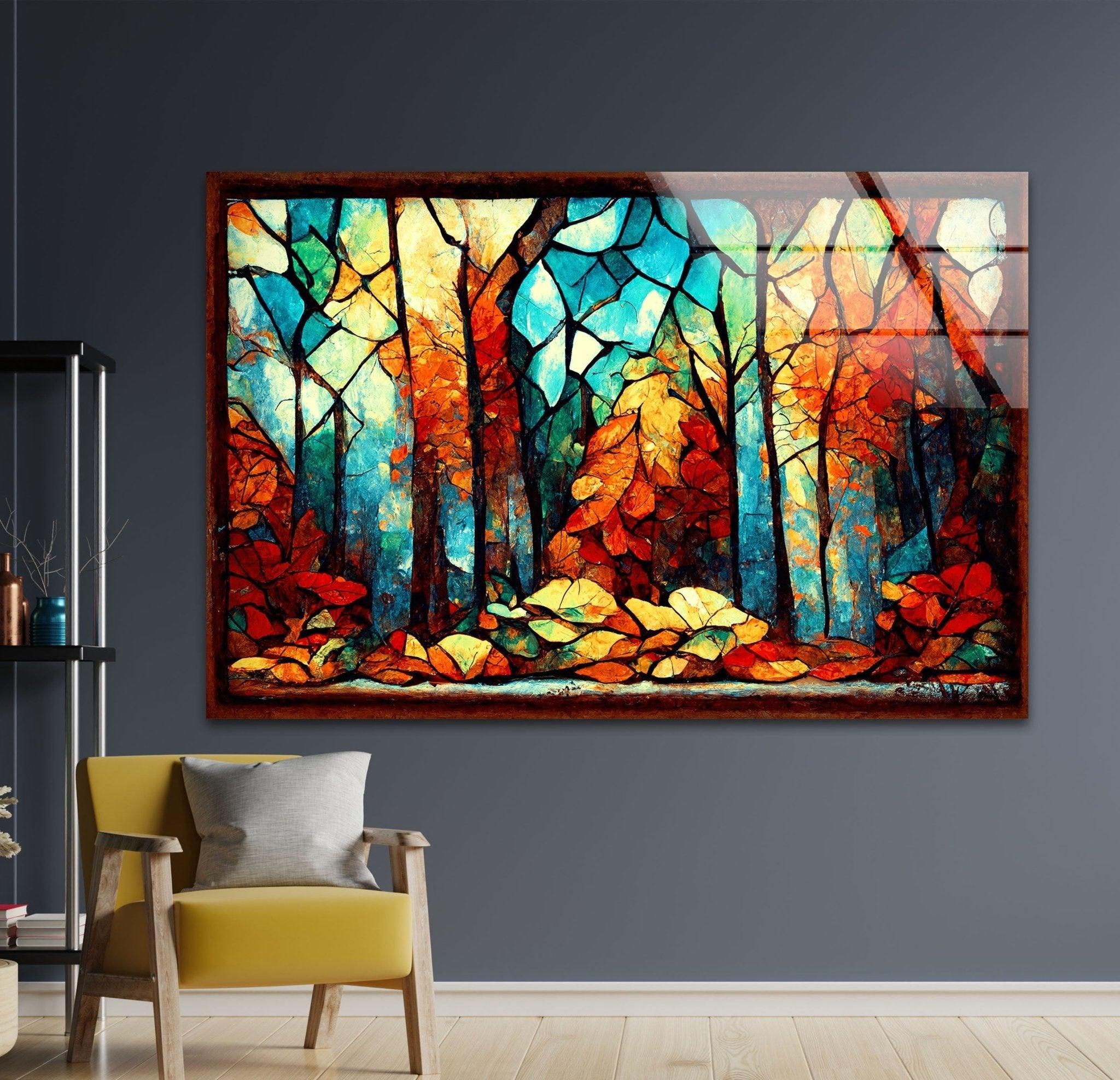 Autumn Forest Stained Glass Wall Art - Handmade Nature Inspired Window Hanging Decor for Living Room, Bedroom & Office - Perfect for Home Decor, Gifts & Meditation Spaces
