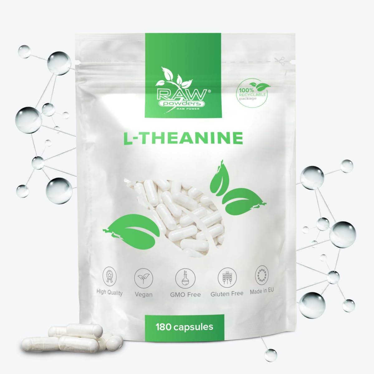 Raw Powders L-Theanine 200mg, 180 Capsules – Natural Relaxation & Focus Supplement – Non-GMO, Gluten-Free, GMP Certified Nootropic – Stress Relief & Mental Clarity for Work, Study, and Meditation