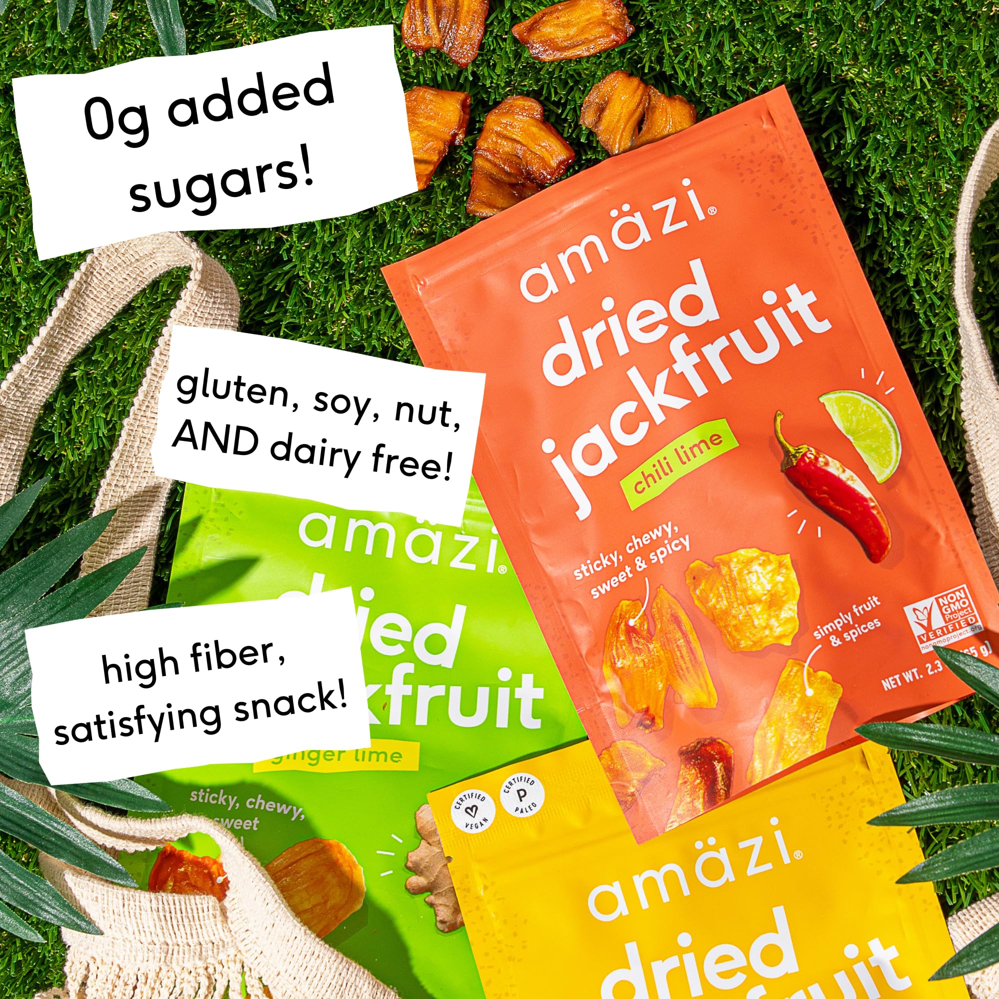 Amäzi Foods | Ginger Lime Dried Jackfruit (6 Pack) | All Natural, Gluten Free Healthy Dried Fruit Snacks | Vegan, Paleo & Keto Friendly | Perfect for On-the-Go, Hiking & Office Snacking