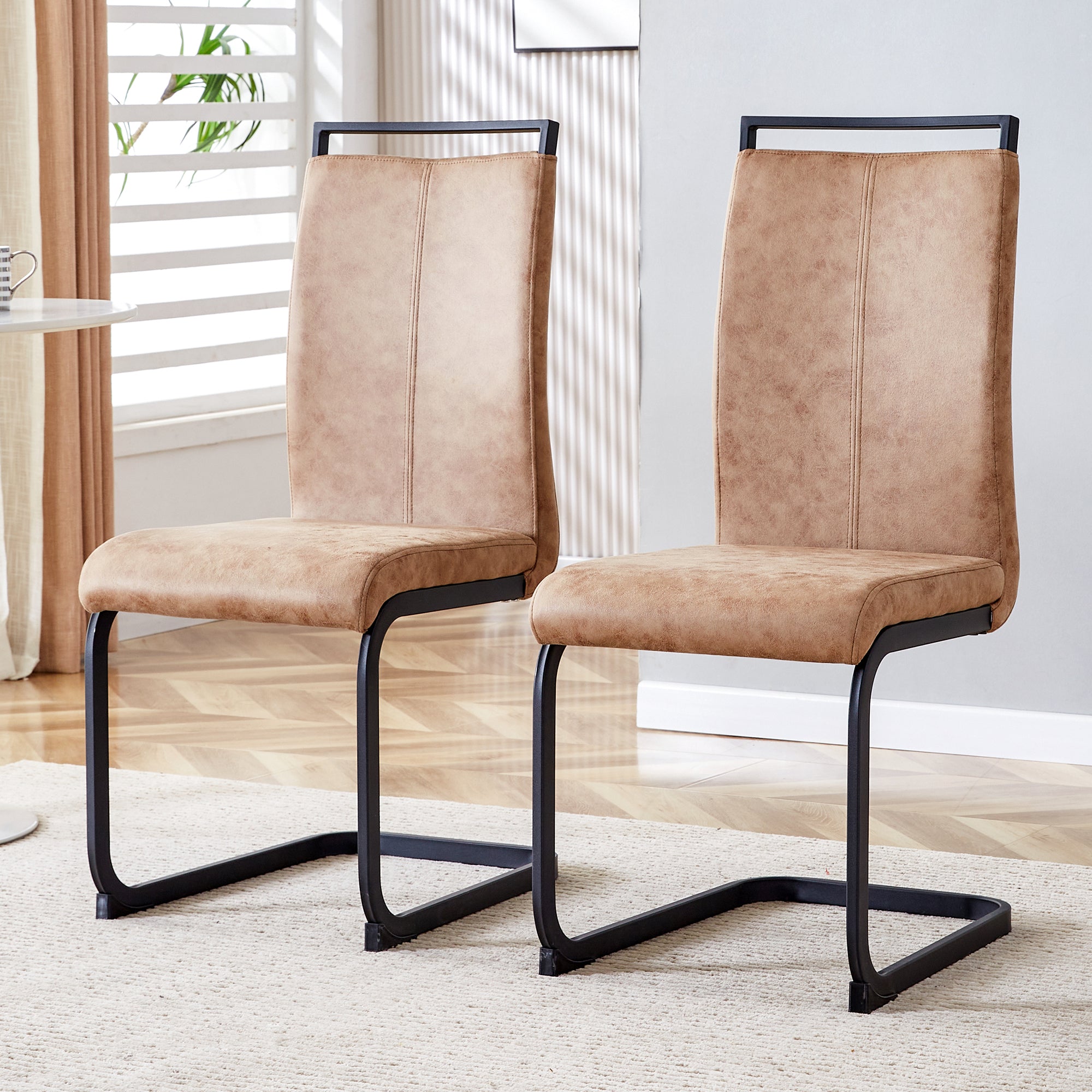 High Back Upholstered Dining Chairs Set of 2 - Modern Tech Fabric C-Shaped Tube Design with Black Metal Legs for Kitchen, Dining Room, Office, Patio & Guest Seating | Comfortable & Stylish Brown Chairs for Home Decor