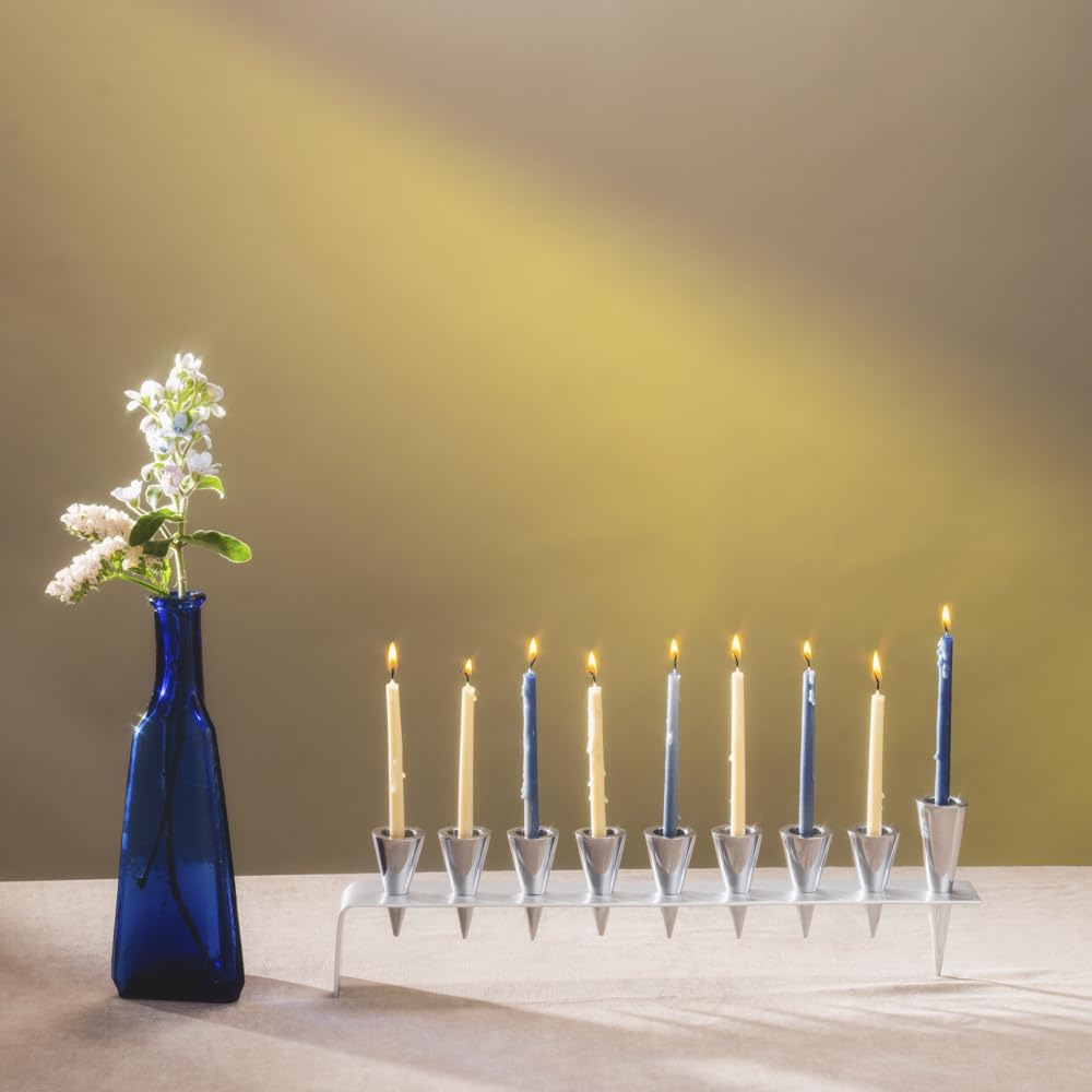 Hanukkah Menorah - 9 Branch Silver Metal Hanukkiyah with Cones Candles Holder - Judaica Holiday Decor for Home, Synagogue & Gift Giving | HMK-1