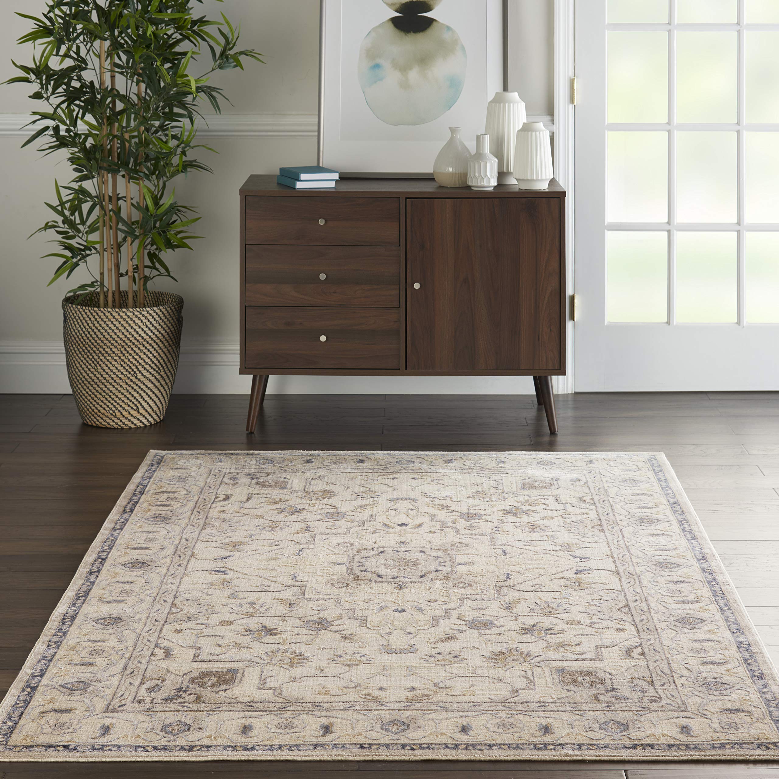Nourison Sleek Textures Traditional Ivory/Grey 4x6 Area Rug - Easy to Clean, Non-Shedding, Stain Resistant for Bedroom, Living Room, Dining Room & Kitchen | Perfect for Home Decor, Office & High Traffic Areas
