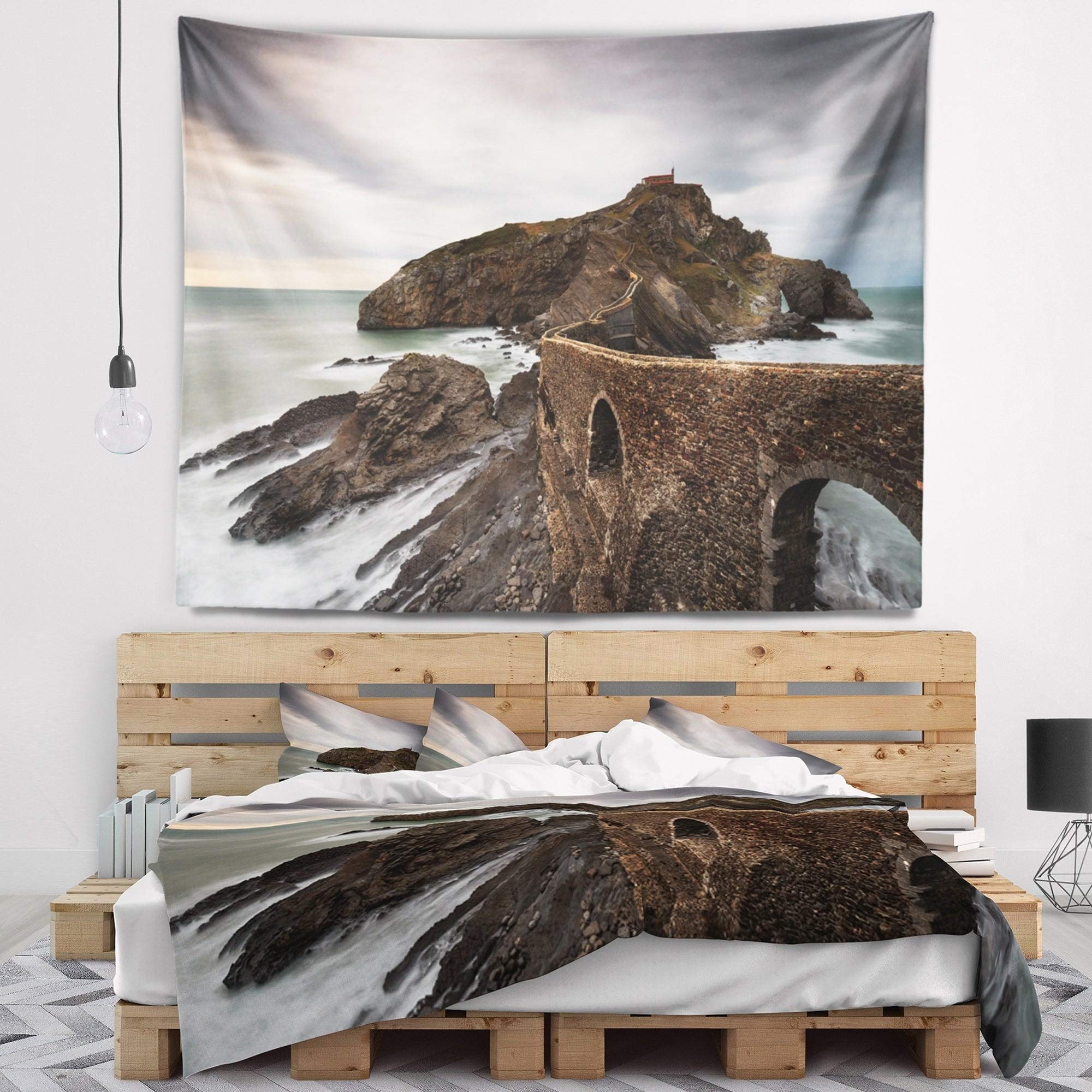 Designart Cape and Chapel in Spanish Beach Oversized Tapestry Wall Hanging - 92 x 78 Inches - Coastal Home Decor, Bohemian Bedroom Aesthetic, Living Room Accent Piece