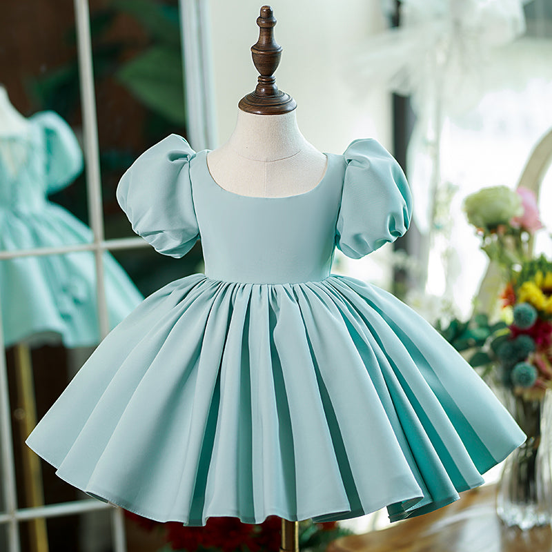 Mint Green Satin Flower Girl Dress with Ruffle Pleated Bow - Elegant Princess Party Gown for Weddings, Baptisms & Special Occasions