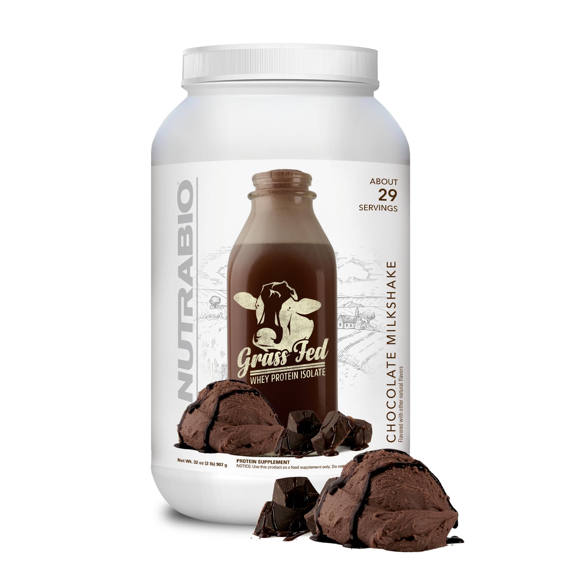 NutraBio Grass Fed Whey Isolate Protein Powder - 25G Protein Per Scoop, Sugar Free, Natural Lean Muscle Supplement - Chocolate Milkshake Flavor - 2LB (29 Servings) for Post-Workout Recovery & Healthy Lifestyle