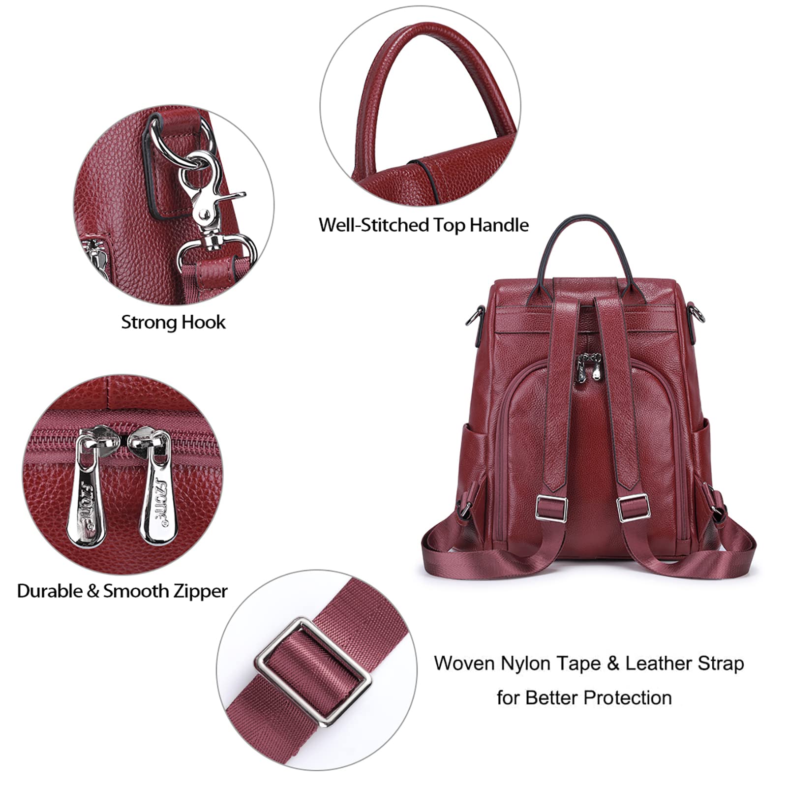 S-ZONE Women's Anti-Theft Leather Backpack Purse - Soft Medium Rucksack Shoulder Bag for Work, Travel & Daily Use