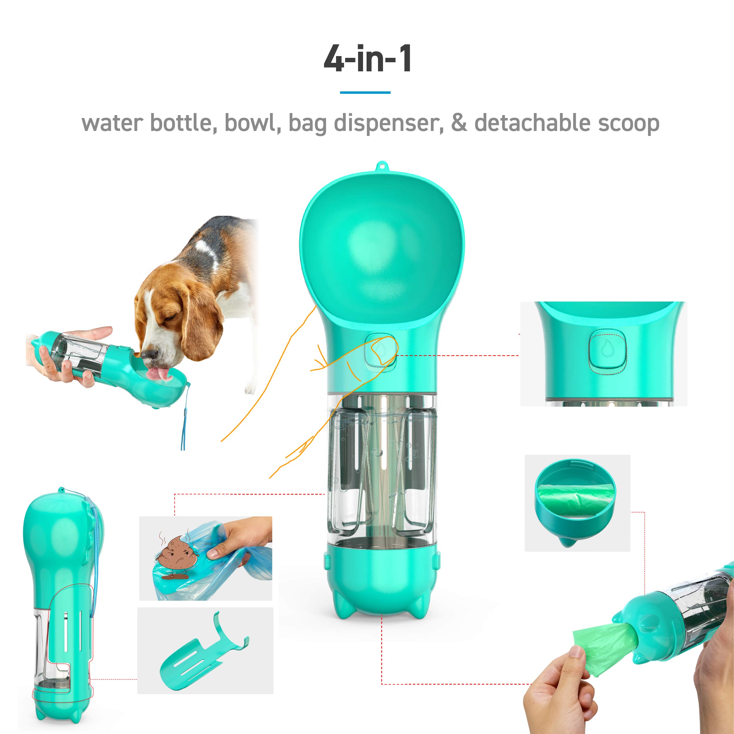 Portable Dog Water Bottle with Leak-Proof Bowl, Built-in Poop Scoop & Waste Bag Dispenser - Perfect for Hiking, Travel & Outdoor Adventures with Your Pet