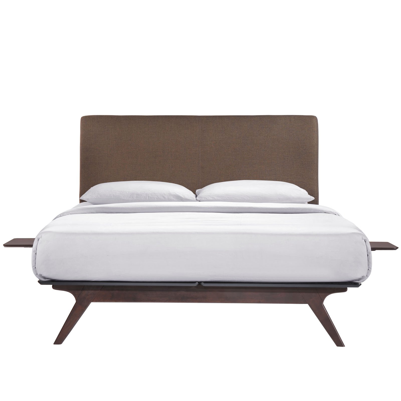 Modway Tracy Mid-Century Modern Wood Platform Queen Bed with Two Nightstands in Cappuccino Brown - Stylish Bedroom Furniture Set for Contemporary Home Decor