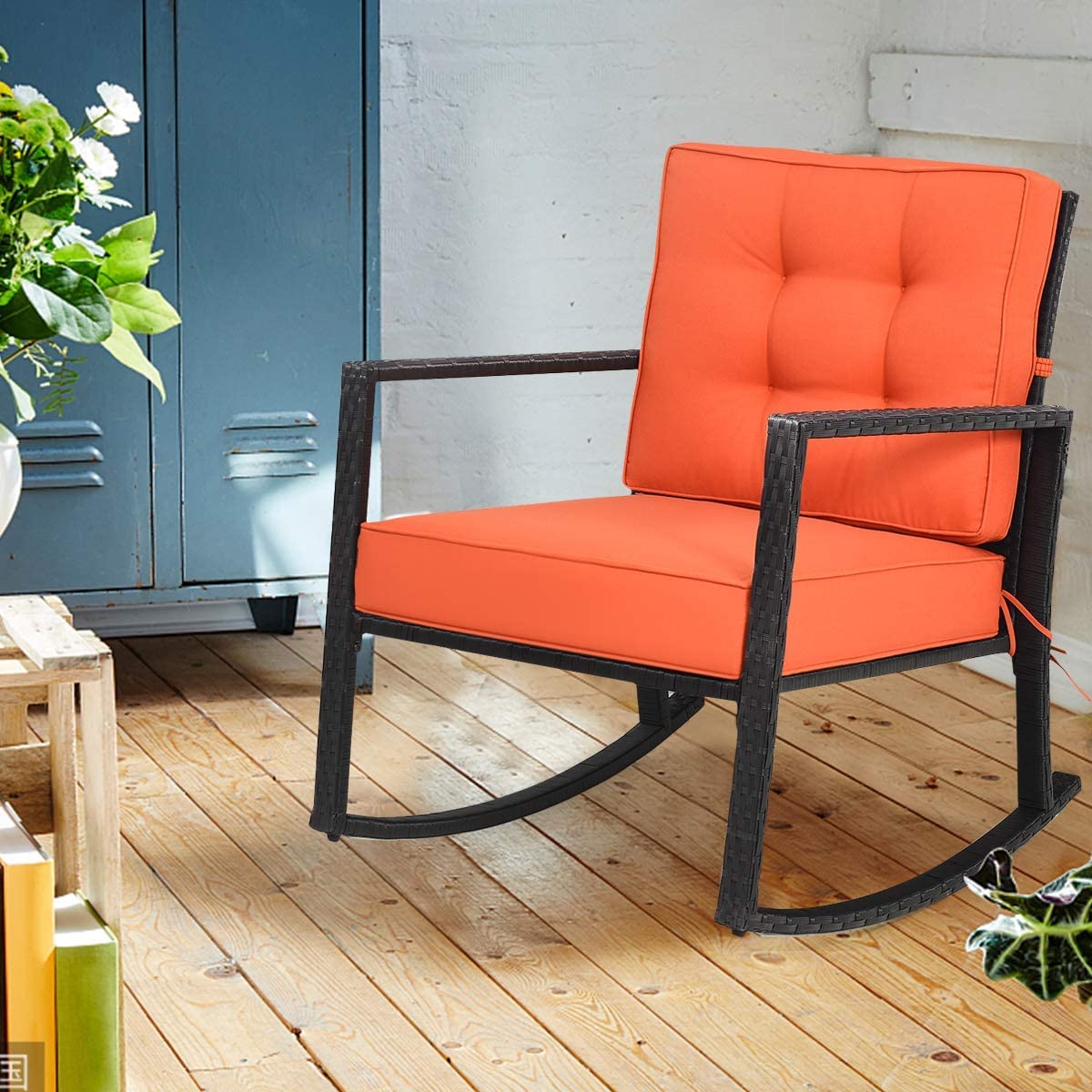Hysache Patio Rocking Chair - Rattan Wicker Rocking Armchair with Thick Cushion & Sturdy Steel Frame - Outdoor Wicker Furniture for Garden, Porch, Backyard, Poolside Relaxation (Orange) - Perfect for Lounging, Reading & Enjoying Nature