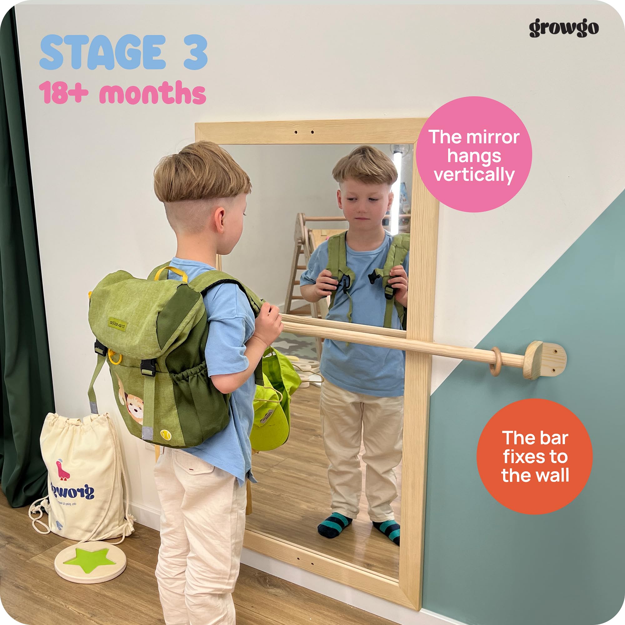Montessori Baby Mirror Wall - 3-in-1 Shatterproof Mirror with Wooden Pull Up Bar | Safe Infant Development Toy for Crawling & Walking Practice | Perfect for Nursery, Playroom & Montessori Classroom