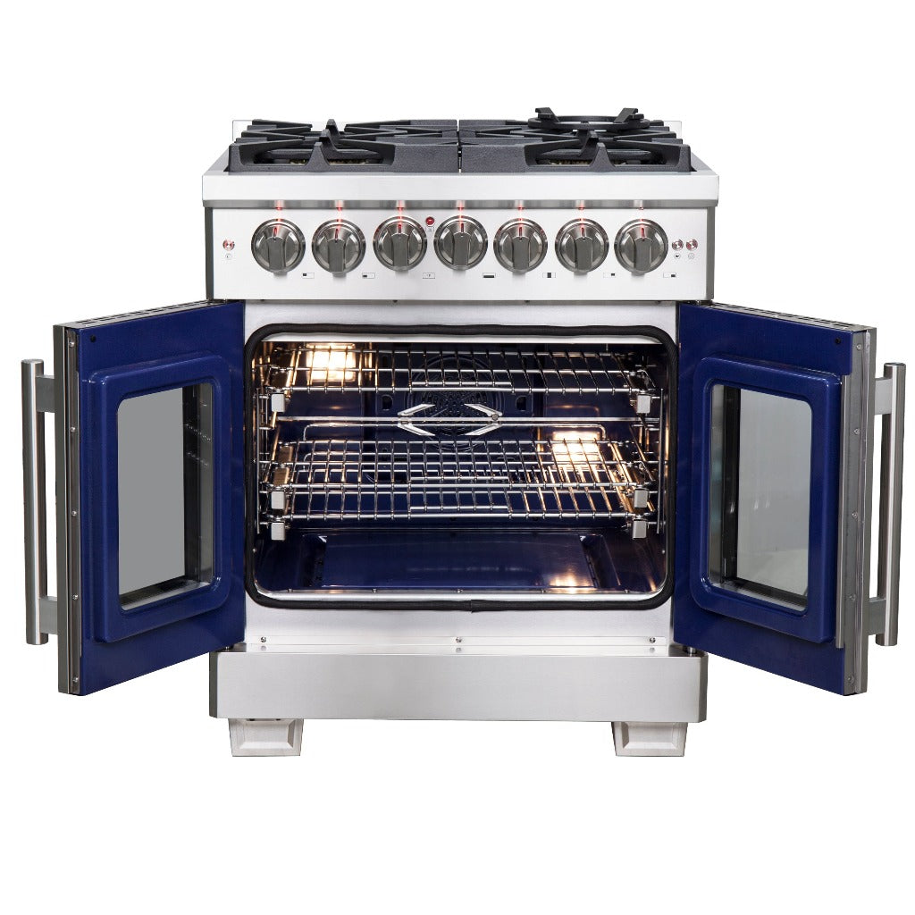 Forno Capriasca 30-inch 4.32 cu. ft. French Door Freestanding Dual Fuel Range - Gas Cooktop & Electric Oven in Stainless Steel (FFSGS6387 30) - Perfect for Modern Kitchens & Professional Cooking