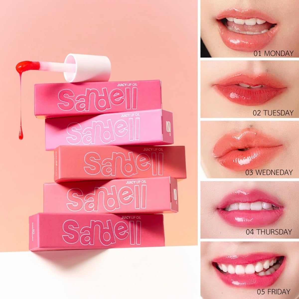 Tuesday Nourish Moisturizing Juicy Lip Oil Set - Shade #02 Sandell | 6 Hydrating Lip Glosses for Smooth, Plump Lips | Perfect for Daily Moisture & Night Care | Beautygoodshop Free Gifts Included