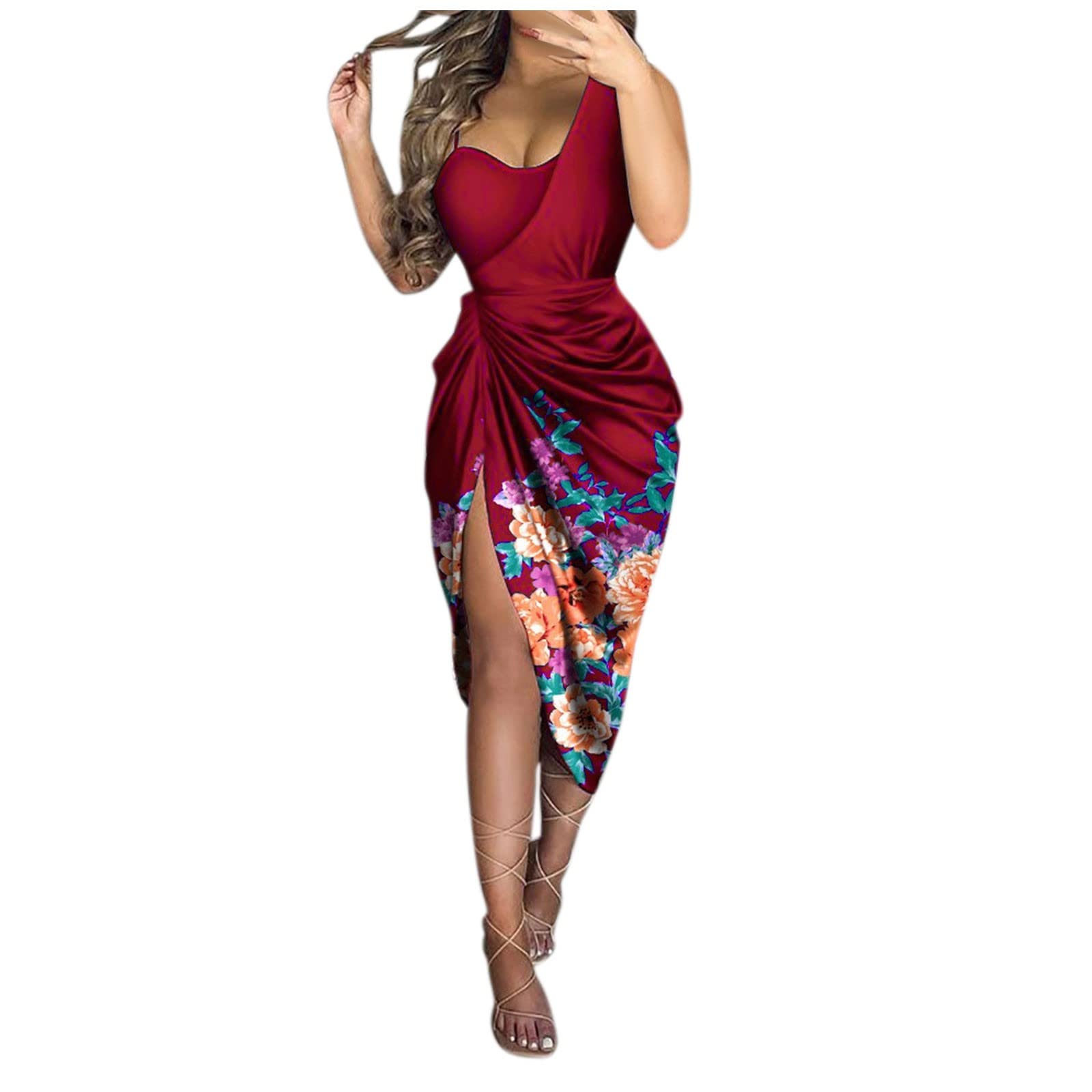 KUIOLYPOER Women's Sexy Sequin Slit Maxi Dress - One Shoulder Smocked Cocktail Dress for Summer Wedding Guest, Party & Evening Events