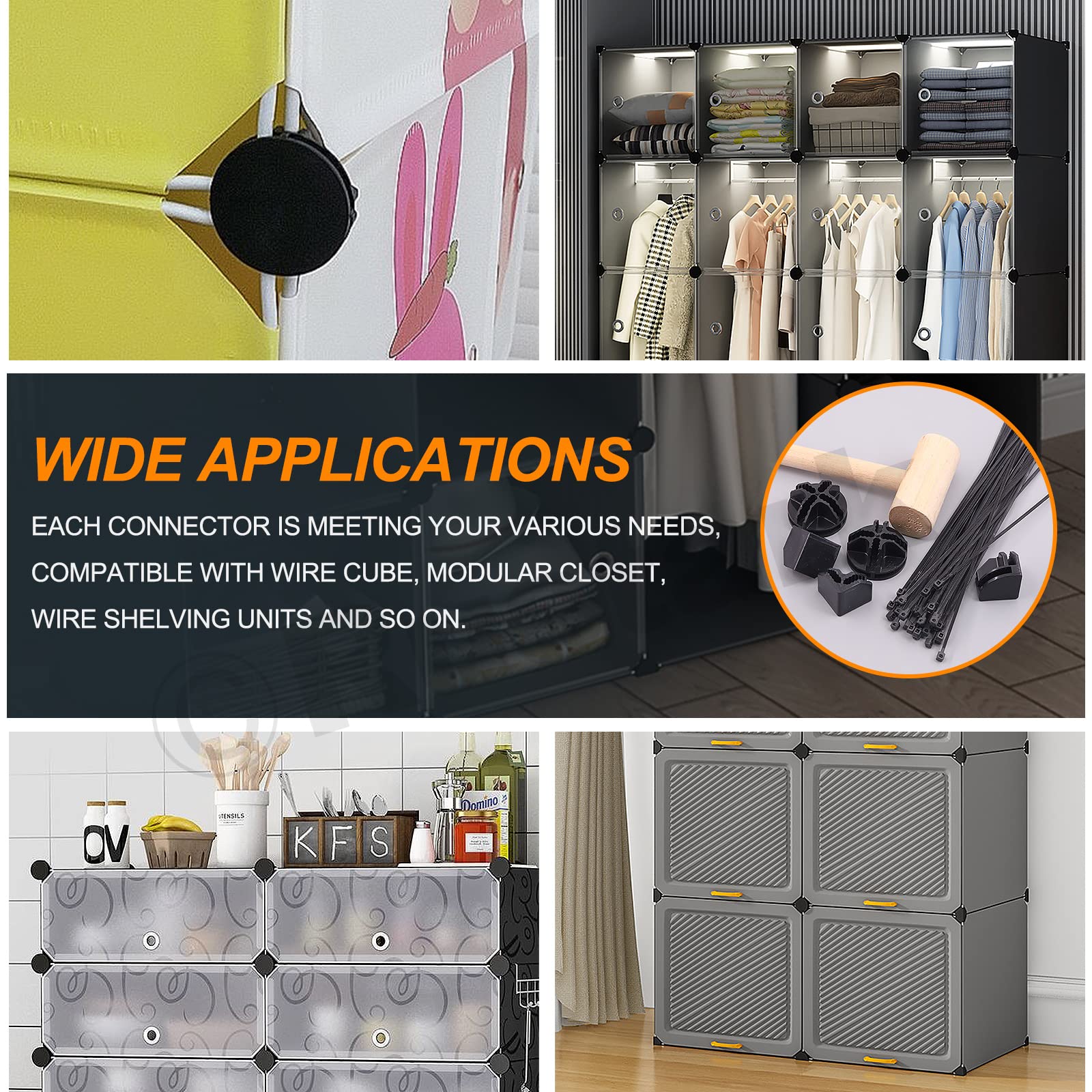 91Pcs Black Wire Grid Cube Connectors with Zip Ties & Wooden Hammer - Modular Closet Organizer, DIY Storage Shelving Connectors for Home Office, Closet, Garage & Pantry Organization (Perfect for Closet Shelves, Wire Grid Storage & DIY Furniture Projects)