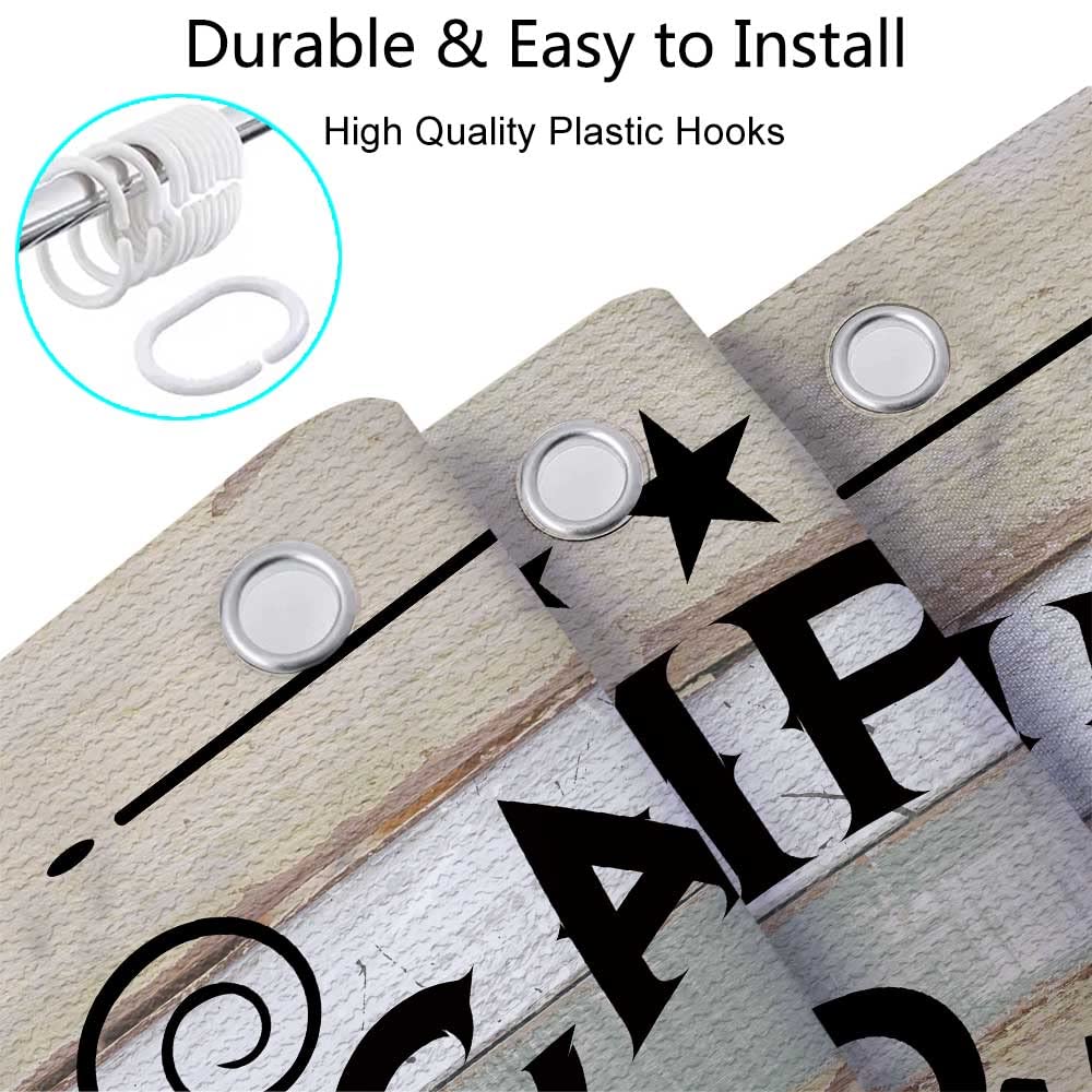 Farmhouse Style RV Shower Curtain Set for Travel Trailers - 47x64 Inch Narrow Fabric Bathroom Curtain with Hooks - Perfect for Campers, Tiny Homes & Outdoor Decor - Happy Camping Quote Design