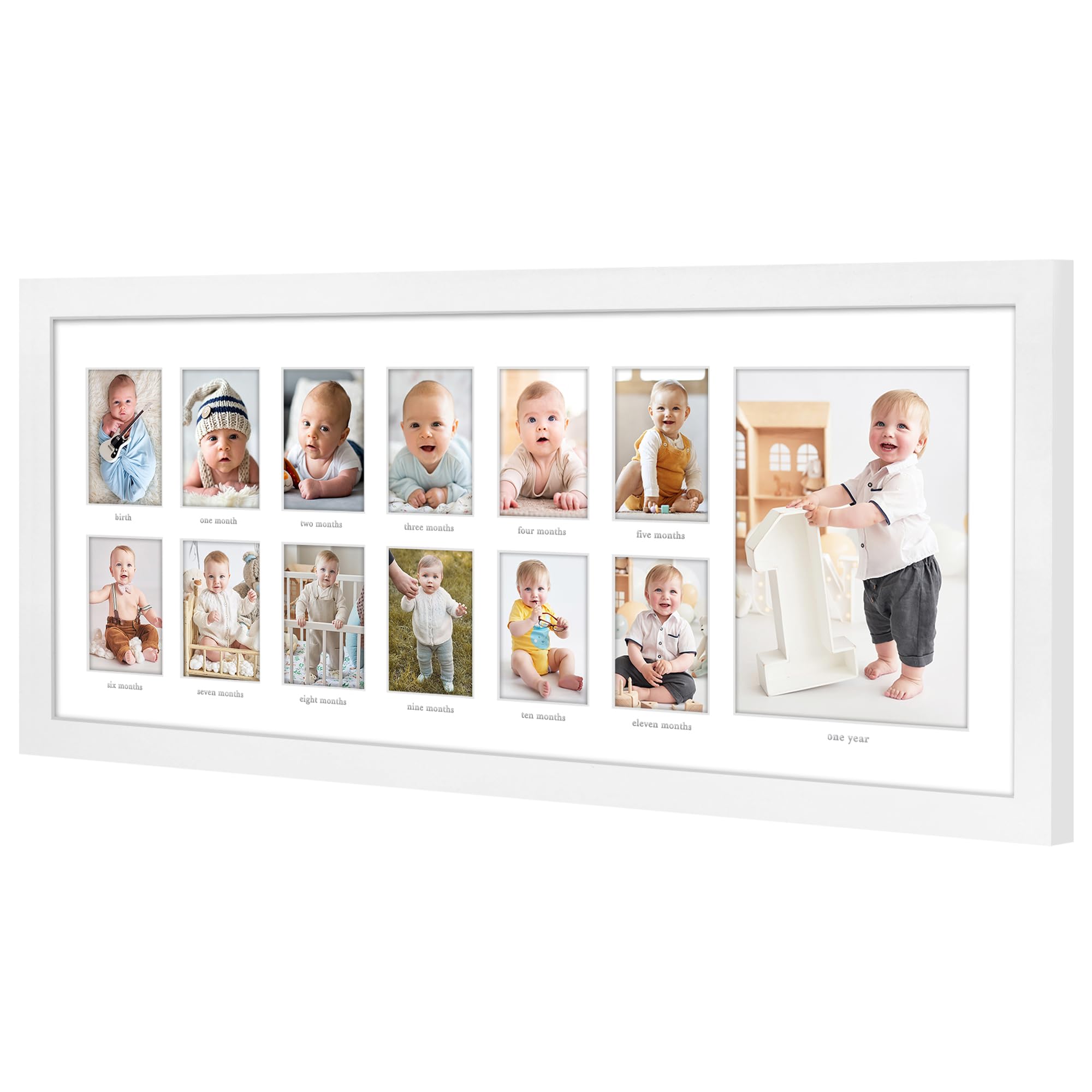 Americanflat 9x22 First Year Baby Photo Frame - Shatterproof Glass Holds Twelve 2x3 & One 5x7 Pictures - Nursery Wall Decor, Newborn Gift Idea, Baby Shower Present - Perfect for Documenting Baby's Milestones in White