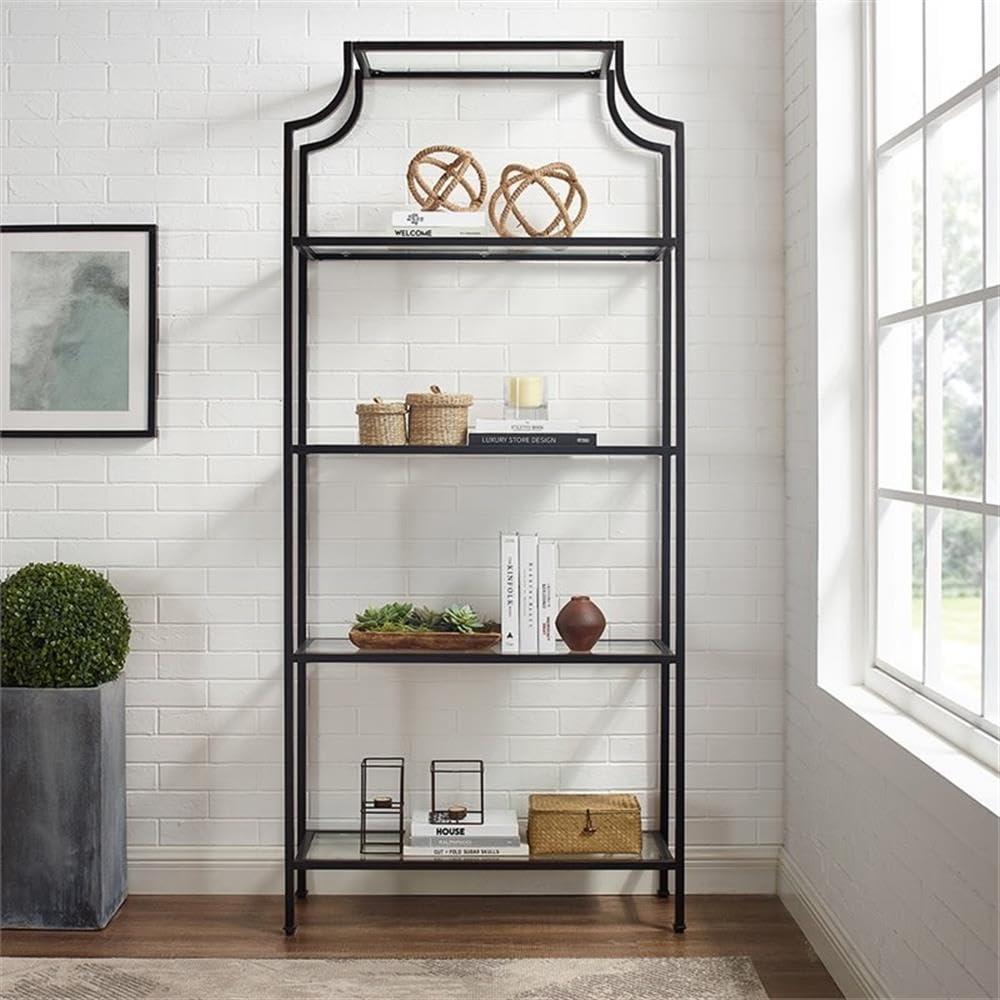Pemberly Row Modern Metal and Glass Etagere Bookcase - Oil Rubbed Bronze with Clear Shelves | Stylish Home Office & Living Room Storage Solution